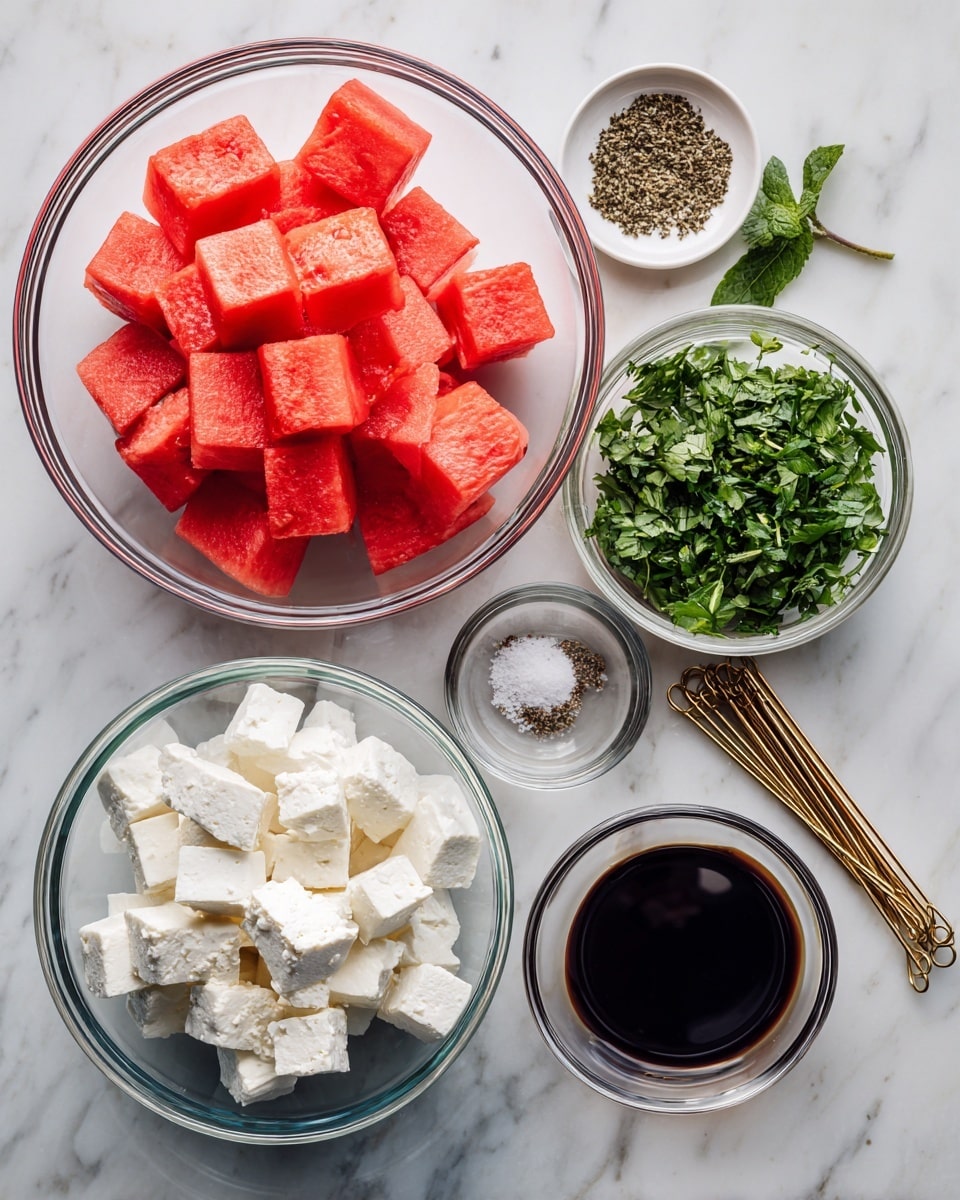 The image shows five clear glass bowls placed on a white marbled surface, each containing different ingredients. In the center, a large bowl is filled with bright red watermelon cubes, evenly cut and stacked. Below it to the right, a slightly smaller bowl holds white feta cheese cubes with a crumbly texture. To the left of the feta, another bowl contains torn fresh green mint leaves and parsley. Above the mint, a small bowl has a small pile of coarse salt mixed with black pepper. To the right of the salt, there is a small bowl filled with a thick dark balsamic vinegar. On the top right, several gold metal skewers are neatly arranged. photo taken with an iphone --ar 4:5 --v 7