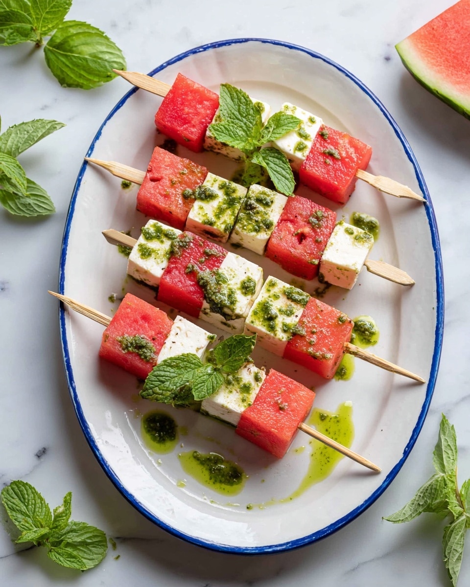 The image shows four skewers arranged on a white oval plate with a blue rim. Each skewer has alternating square pieces of bright red watermelon and white cheese, with the watermelon cubes having a smooth texture and some black seeds visible. A green sauce is drizzled unevenly over the skewers, adding a fresh contrast, and fresh whole mint leaves are placed on top for garnish. The plate is placed on a white marbled surface, with some fresh mint and basil leaves scattered around, and a partially visible watermelon slice in the upper right corner. photo taken with an iphone --ar 4:5 --v 7
