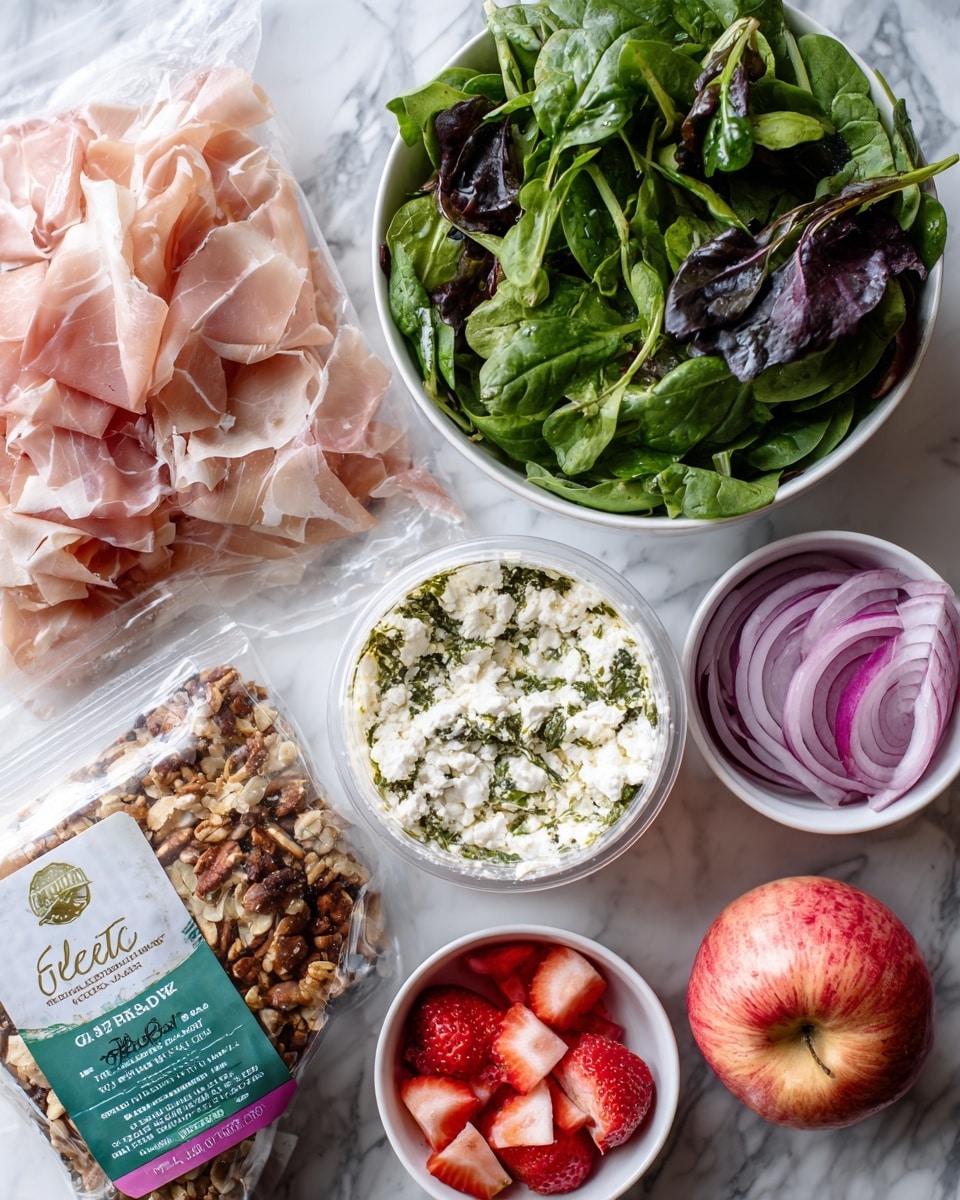 The image shows a collection of fresh salad ingredients placed on a white marbled surface, arranged loosely in a circle. There is a clear plastic package of thin pale pink prosciutto on the left and a clear plastic container of green leafy spinach and spring mix with darker purple leaves in the top right. In the center is a white round container of crumbled white feta cheese with green and gold labeling. Around the center, there are small white bowls containing red sliced strawberries, brown crumbled pieces resembling granola or nuts, and pale purple sliced onion rings. A red apple with smooth skin sits near the onion bowl, adding a round shape and bright red color to the assortment. photo taken with an iphone --ar 4:5 --v 7