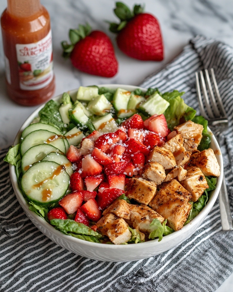 The image shows a white bowl filled with a fresh salad placed on a white marbled surface with a black and white striped cloth underneath. Inside the bowl, there are several layers visible: at the bottom is a layer of green leafy lettuce, topped with evenly sliced light green cucumbers on one side, diced strawberries with a bright red color on another side, and golden brown pieces of cooked chicken with visible seasoning on the opposite side. There are small sprinkled bits of white cheese scattered on top, along with a few drizzles of a light brown dressing. In the background, there is a bottle of strawberry-flavored dressing and two whole strawberries beside the bowl. A silver fork rests on the cloth near the bowl. The photo taken with an iphone --ar 4:5 --v 7