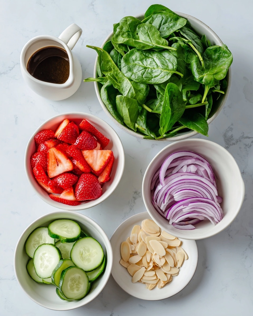 Five white bowls sit on a white marbled surface, each filled with different fresh ingredients arranged neatly. The largest bowl on top holds fresh green spinach leaves that look crisp and slightly shiny. Below it to the left, a bowl is filled with bright red sliced strawberries with their juicy texture visible. To the right of the strawberries, a smaller plate holds thin, curled slices of purple onion. Below them, a bowl contains pale beige almond slices scattered evenly. Next to it on the left, another bowl is filled with thinly sliced light green cucumber rounds. To the left of the bowls, a small white jug holds a dark brown liquid, likely a dressing. All bowls show clear textures of fresh food on a clean white background. Photo taken with an iphone --ar 4:5 --v 7