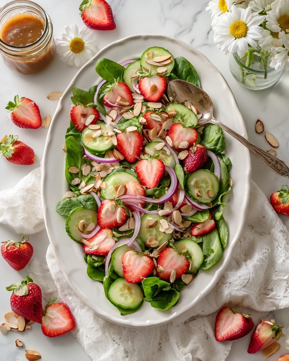 A large white oval plate holds a fresh salad with three main layers: at the bottom is a bed of bright green spinach leaves, followed by thin round slices of light green cucumber and thin wedges of bright red strawberries scattered evenly on top. Thin crescent slices of purple onion are spread throughout, adding contrast. The salad is finished with a generous sprinkle of light brown sliced almonds scattered over all layers. A silver spoon rests on the edge of the plate. The plate sits on a white marbled surface with a white cloth around it, scattered strawberry pieces, a jar with a brown liquid and spoon, and a small clear vase with white daisies nearby. Photo taken with an iphone --ar 4:5 --v 7