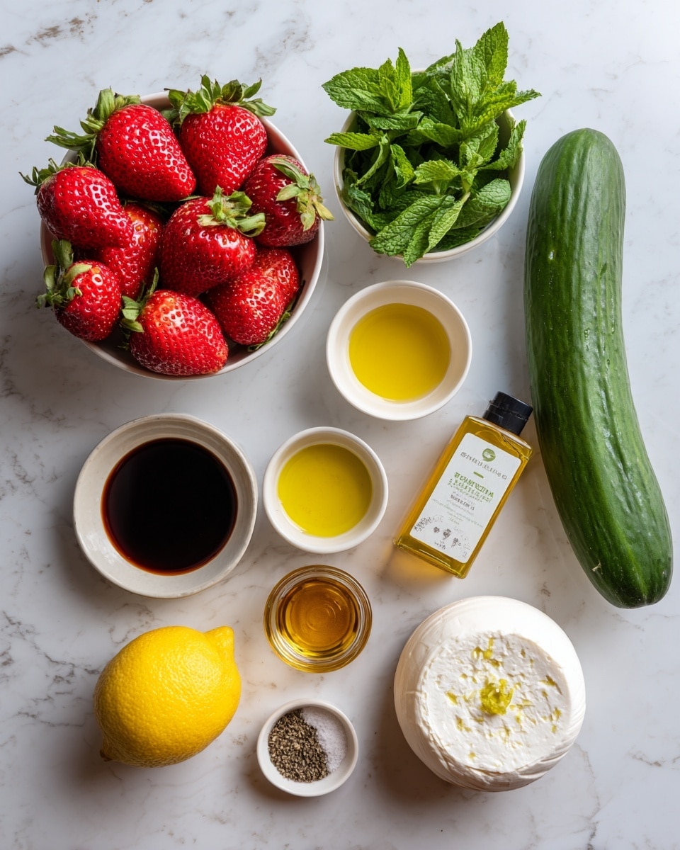 The image shows fresh ingredients arranged on a white marbled surface. There is a white bowl filled with bright red strawberries with green tops in the upper left corner. Above the strawberries, there is a small white bowl with fresh green mint leaves. To the right, a long, fresh dark green cucumber lies horizontally. Below the cucumber, a small white bowl contains a dark liquid, likely balsamic vinegar, next to a smaller white bowl with light golden olive oil. Below the oil bowl, there is half a bright yellow lemon with seeds visible. Nearby sits a clear bottle with a yellow label filled with light amber honey. At the bottom right, a round white container of Burrata cheese is visible with colorful labeling on the lid. A small white dish with coarse salt and black pepper is near the center. Photo taken with an iphone --ar 4:5 --v 7