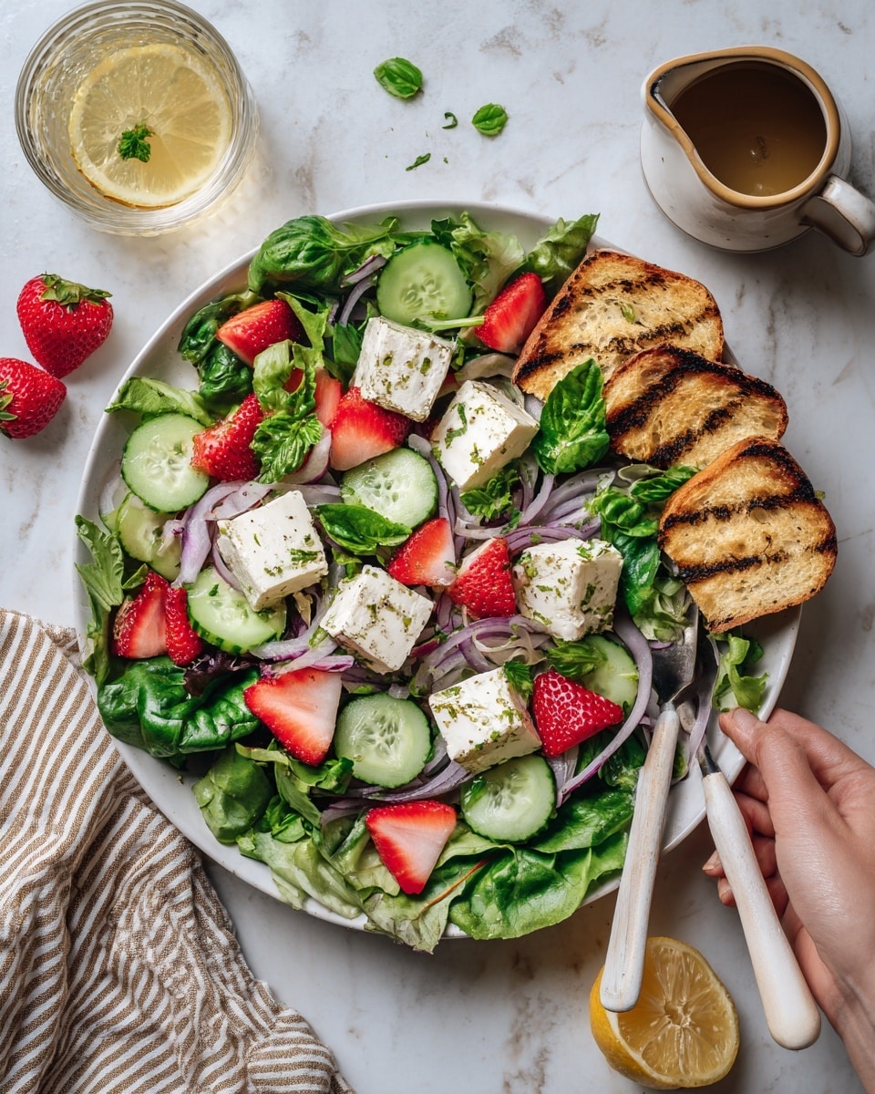 A large white plate on a white marbled surface holds a fresh green salad with mixed leafy greens as the base layer, topped with bright red sliced strawberries and green cucumber rounds scattered evenly across the plate. On top of these, there are several pieces of white soft cheese with a slightly creamy texture, garnished with small green basil leaves. Thin slices of red onion add a light purple color spread throughout. To the right edge of the plate, there are three pieces of toasted white bread with grill marks stacked casually. Nearby, there is a small brown pitcher of dressing, a glass of water with lemon slices, and a single whole strawberry on the surface. A woman's hand holds a wooden utensil with white handle placed on the right side. A striped beige and brown towel is folded on the upper left side. photo taken with an iphone --ar 4:5 --v 7