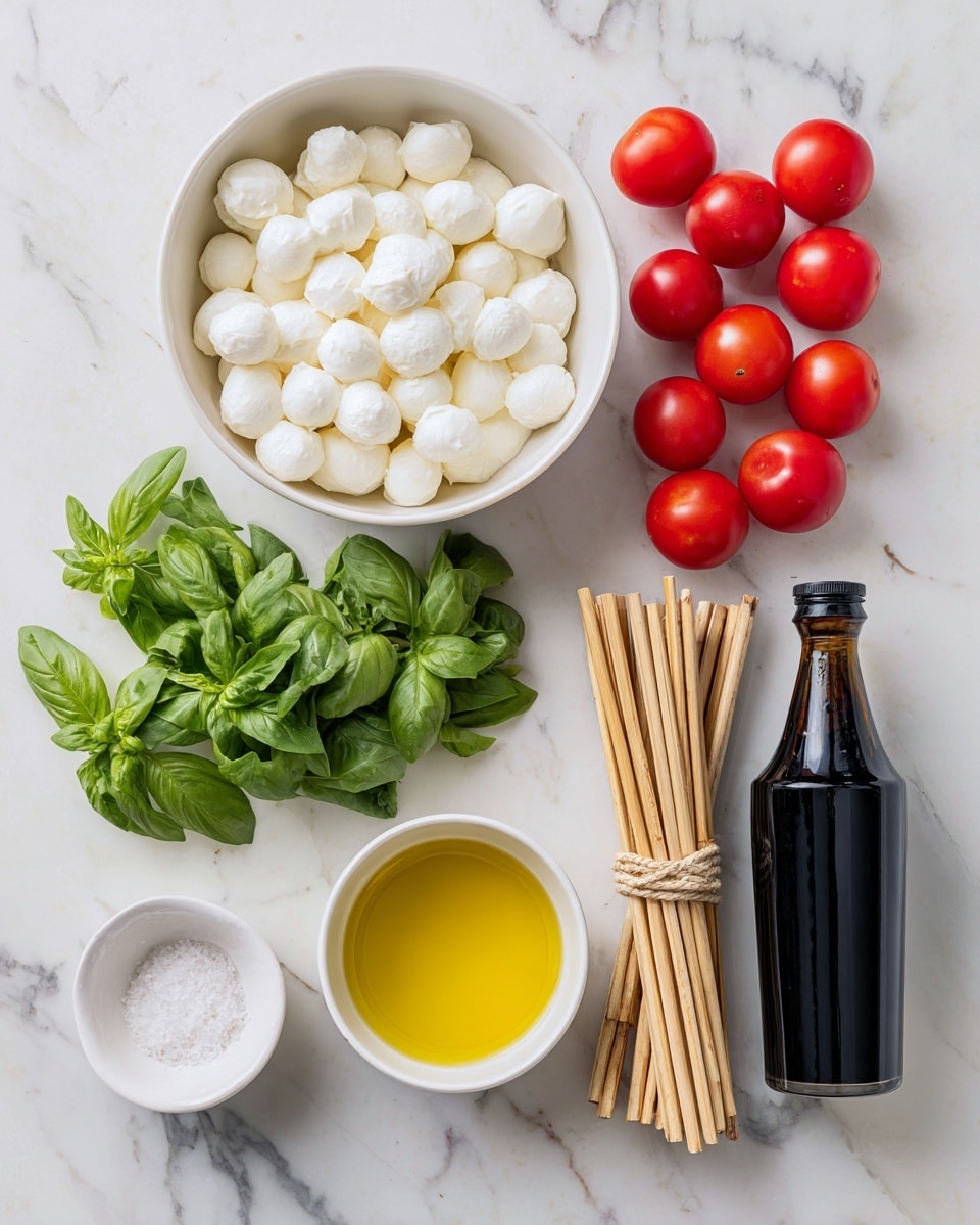 The image shows a white board on a white marbled surface with several ingredients neatly placed. In the top left is a white bowl filled with small white balls of cheese in water. To the right of the bowl is a bunch of round red cherry tomatoes grouped together. Below the cheese bowl is a small pile of fresh green basil leaves. Near the center bottom are bamboo sticks tied at the top, placed next to a white small bowl filled with coarse white salt. At the bottom left is a white bowl with golden yellow olive oil. To the right of the bamboo sticks, there is a tall dark bottle with a black cap filled with a dark liquid, likely balsamic vinegar. The arrangement is clean and bright. Photo taken with an iphone --ar 4:5 --v 7