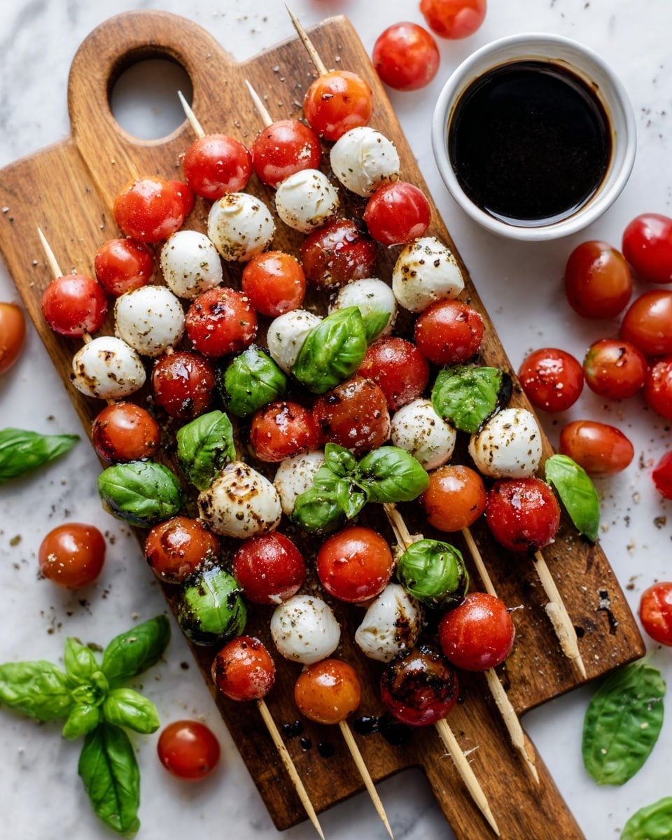 The image shows many small skewers each with three layers: a bright red cherry tomato on top, a small white mozzarella ball in the middle with some dark balsamic spots, and a fresh green basil leaf at the bottom. The skewers are placed randomly on a large wooden board with a handle in the middle of a white marbled surface. Around the board, there are loose cherry tomatoes, mozzarella balls, and basil pieces scattered. On the right side, a small white bowl filled with dark balsamic sauce sits near more tomatoes and mozzarella. The colors are bright and fresh with a clear contrast between red, white, and green, and the textures vary from smooth mozzarella to shiny tomatoes and soft basil leaves. photo taken with an iphone --ar 4:5 --v 7