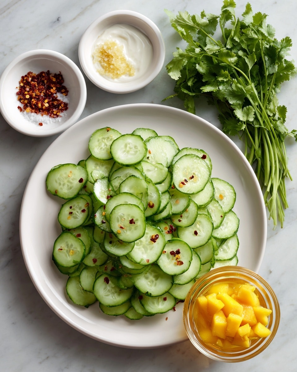 A white plate holds a single layer of thinly sliced green cucumber rounds with smooth skin and light green centers. Above the plate are three small white bowls: one with white salt grains, another with minced light yellow garlic, and the last with a creamy white sauce sprinkled with reddish-brown chili flakes. Below the plate is a small white bowl of golden yellow oil next to a glass cup filled with bright yellow mango chunks. To the right of these bowls is a bunch of fresh green cilantro with leafy tops and long stems. All items rest on a white marbled surface. photo taken with an iphone --ar 4:5 --v 7
