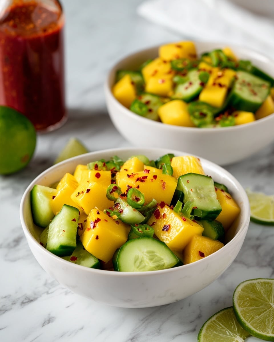 Two white bowls filled with a fresh mix of bright yellow mango cubes and green cucumber pieces, sprinkled with red chili flakes, sit on a white marbled surface. The mango cubes have a smooth texture and are scattered evenly among the crisp cucumber chunks, which show a slightly shiny, juicy surface with dark green skin and pale green flesh. In the background, there is a bottle of red sauce and a halved lime with a slightly squeezed look near the bowls. Photo taken with an iphone --ar 4:5 --v 7
