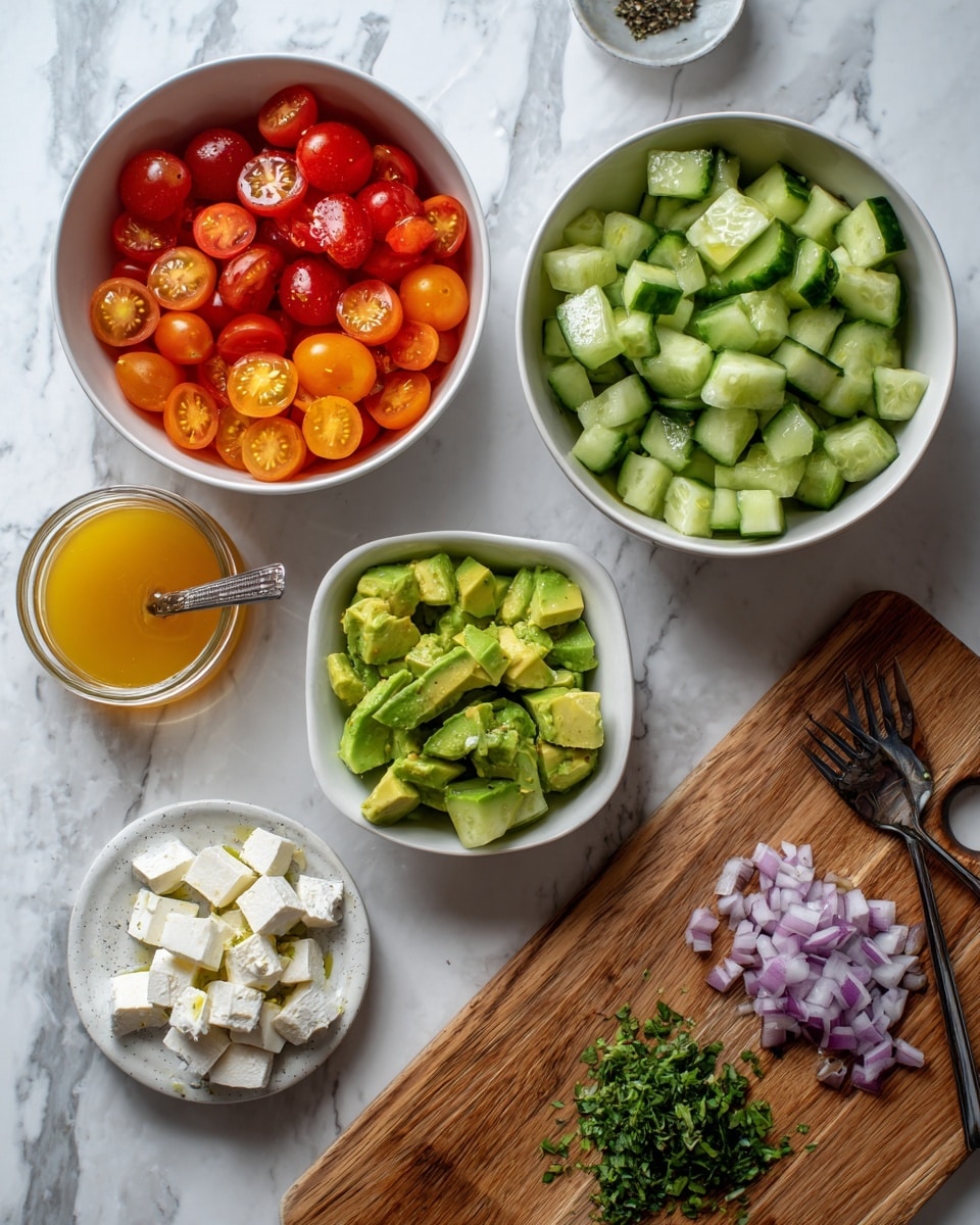 The image shows five separate bowls and a wooden board arranged on a white marbled surface. One large white bowl at the top left contains red and orange cherry tomatoes cut in halves. To the right, a large white bowl holds irregular cucumber chunks, light green with darker skin. In the center is a smaller white square bowl filled with green avocado pieces, cut into cubes. Below is a white round bowl filled with small cubes of white feta cheese. Next to the bowls sits a small glass jar filled with a yellow-orange dressing, with a fork resting on top. A wooden board to the right shows chopped green herbs and small pieces of diced purple onion. Photo taken with an iphone --ar 4:5 --v 7