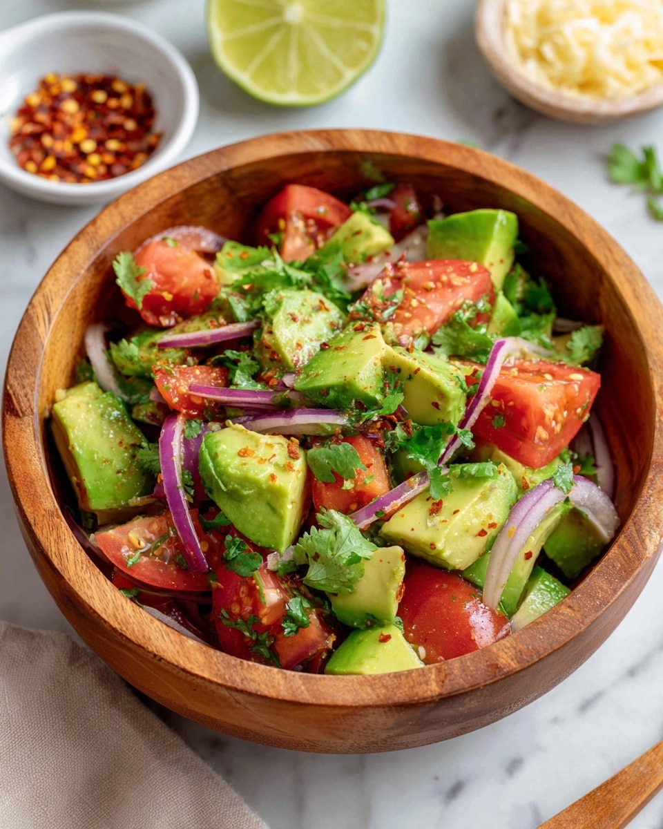 A wooden bowl filled with a fresh salad showing three main layers: large, bright green avocado chunks with smooth texture, bright red tomato pieces that are juicy and slightly soft, and thin slices of purple-red onion with a slightly crisp texture. The salad is sprinkled with fresh green cilantro leaves and some small light brown spices scattered across. In the background, on a white marbled surface, there is a halved lime, a small white dish with red chili flakes, and a small bowl with light yellow cheese. The colors are vibrant and fresh. photo taken with an iphone --ar 4:5 --v 7