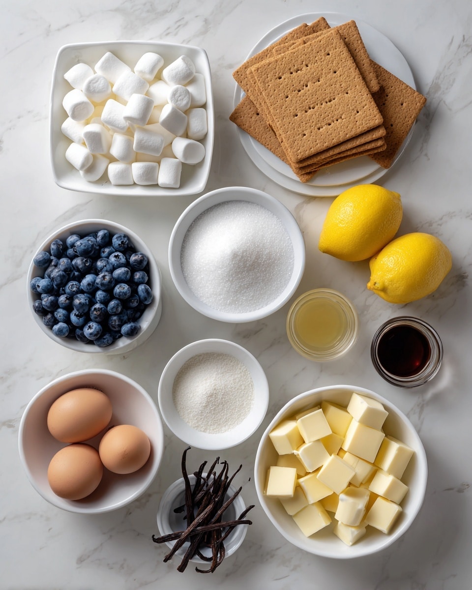 The image shows several white dishes and bowls arranged on a white marbled surface. One square white bowl is filled with small white marshmallows. Next to it, a white round plate holds four whole graham crackers. Below these, there is a square white bowl filled with fresh blueberries, and nearby are two whole yellow lemons. A large white bowl holds white granulated sugar, and next to it is a smaller white bowl with white powdered sugar. Another small white bowl contains several dark brown vanilla beans, and nearby is a small amount of vanilla extract in a clear container. A white bowl with six brown eggs is positioned to the side, and in front, a white bowl contains small cubes of yellow butter. Everything is neat and evenly spaced. photo taken with an iphone --ar 4:5 --v 7