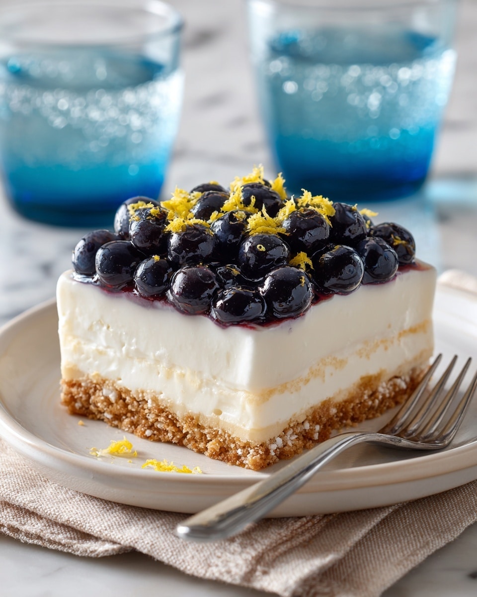 The dish shows a square dessert with three clear layers on a white plate. The bottom layer is a crumbly, light brown crust that looks slightly textured. Above that is a thick, creamy white layer that is smooth and firm. The top layer is a pile of shiny, dark blue blueberries scattered evenly across the cream. Small yellow zest pieces are sprinkled on top of the blueberries for color. The plate sits on a beige cloth with a silver fork beside it, all on a white marbled surface. In the background, there are two blue glasses with small bubbles inside them. The photo taken with an iphone --ar 4:5 --v 7