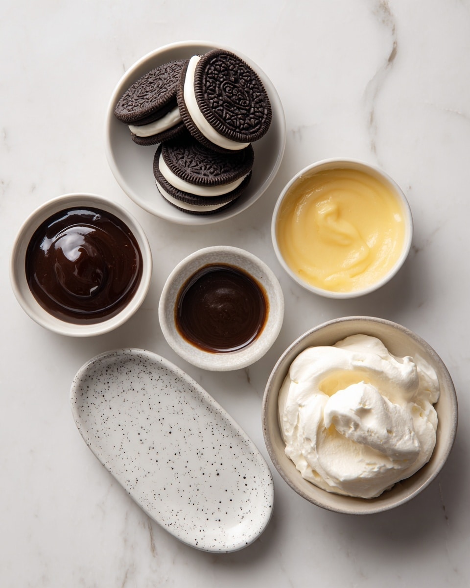 The image shows five white dishes arranged on a white marbled surface. At the top left, there is a round bowl filled with stacked dark chocolate sandwich cookies with white cream inside. To its right, a small bowl holds a glossy, dark brown thick sauce. Below that, a medium-sized bowl contains a yellow mixture that looks smooth and creamy. On the bottom right, another round bowl is filled with soft white whipped cream, fluffy in texture. To the left of this bowl is a flat oval white plate with small dark spots, empty and clean, positioned as if ready for serving. photo taken with an iphone --ar 4:5 --v 7