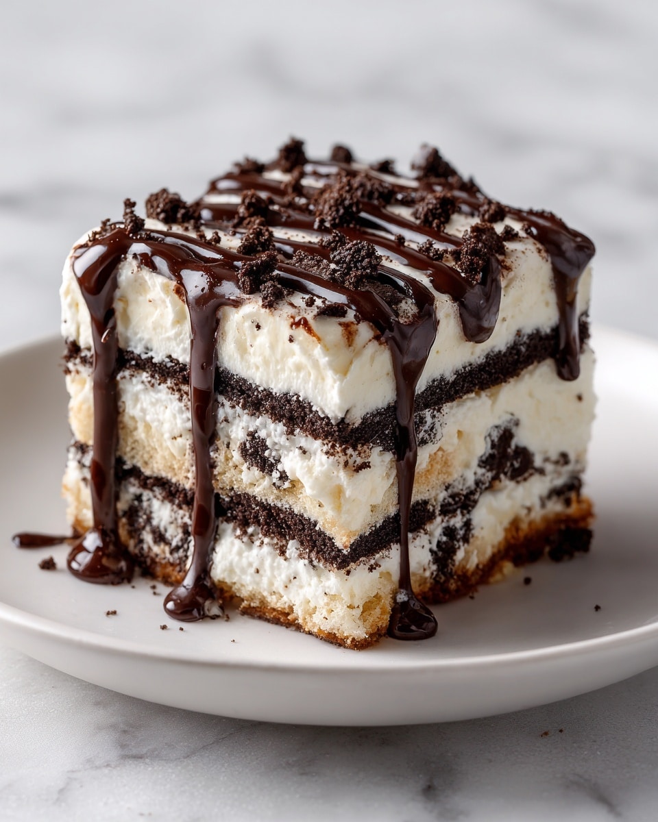 A square piece of layered cookies and cream dessert sits on a white plate against a white marbled background. The dessert has five layers of light cream with crushed dark cookie pieces in between, separated by four thin dark cookie layers. The top layer is light cream with crushed cookie bits, drizzled with a shiny dark chocolate sauce that creates a glossy texture on top. The overall colors include creamy white, dark brown, and black, with a soft and smooth texture contrasted by crunchy cookie bits. Photo taken with an iphone --ar 4:5 --v 7