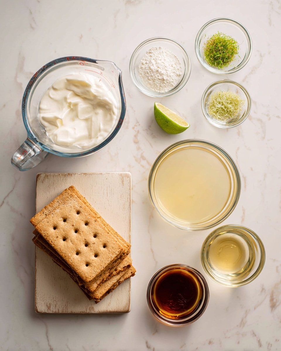 The image shows six ingredients arranged neatly on a white marbled surface. On the left, a clear glass measuring cup holds white cream, sitting on a beige cutting board with five rectangular graham crackers stacked and slightly overlapping on top. Above the crackers, two small glass bowls contain a white powder and green lime zest. On the right side, there are three more glass containers: a large bowl of smooth pale yellow liquid, a smaller measuring cup with a light yellow juice, and a tiny bowl with dark amber vanilla extract. photo taken with an iphone --ar 4:5 --v 7