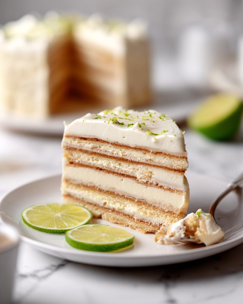 A slice of a layered dessert with about six light beige layers separated by a creamy filling, topped with a smooth, pale cream layer sprinkled with green zest, placed on a white plate with two thin lime slices beside it; a fork holding a small bite shows the layers clearly, and a blurred slice of the same dessert is in the background, all set on a white marbled surface. Photo taken with an iphone --ar 4:5 --v 7