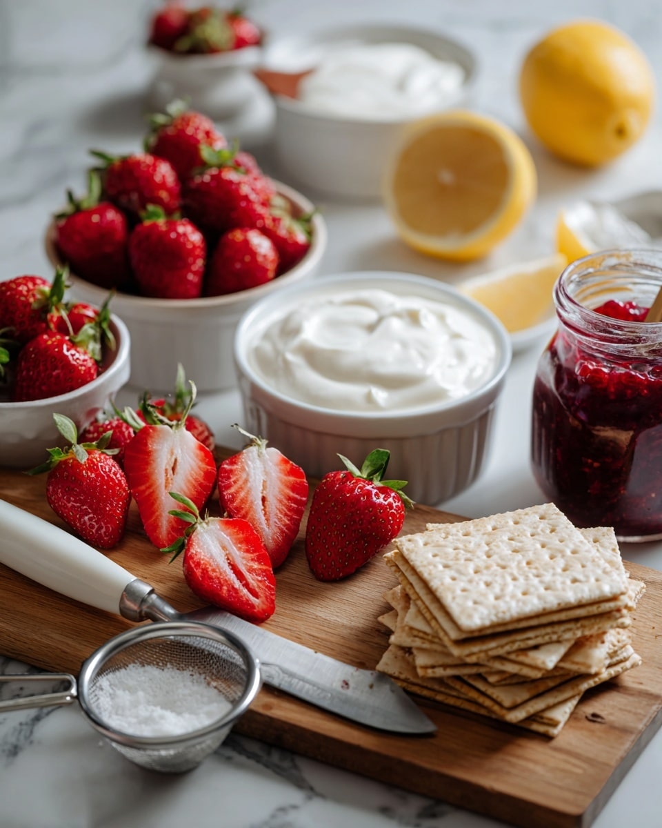 A wooden board holds several fresh strawberries, some whole and some sliced to show their bright red inside, next to a knife with a white handle. Nearby, a white bowl is filled with small whole strawberries, and a yellow lemon with a wedge cut off sits next to a small jar of dark jam. A fine mesh sieve containing white powdered sugar sits next to a white bowl filled with thick white cream. In the foreground, a neat stack of light brown square crackers with a slightly rough texture is visible. The scene is set on a white marbled surface, with a woman's hand holding the knife. Photo taken with an iphone --ar 4:5 --v 7