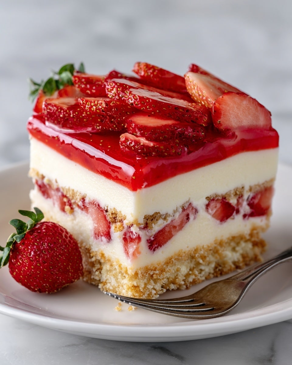 A slice of layered strawberry dessert is shown on a white plate, sitting on a white marbled surface. The bottom layer is a light golden crust with a crumbly texture. Above this is a thick layer of creamy white filling, followed by a thin layer with small chunks of strawberries. Another smooth white creamy layer comes next, topped with sliced strawberries arranged neatly in a red jelly-like glaze, adding a shiny finish. A red strawberry with green leaves rests on the plate’s side, and a silver fork is placed next to the slice. The photo was taken with an iphone --ar 4:5 --v 7