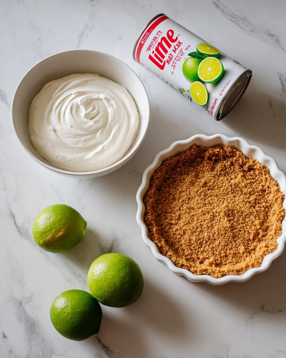 The image shows the ingredients for a dessert on a white marbled surface. There is a white bowl filled with soft white cream, a can of sweetened condensed milk with red and white labeling, two bright green limes, a white container of limeade with a picture of limes on it, and a white pie dish with a golden brown crumb crust inside, positioned on the right side. All items are neatly arranged and the scene looks clean and simple. photo taken with an iphone --ar 4:5 --v 7