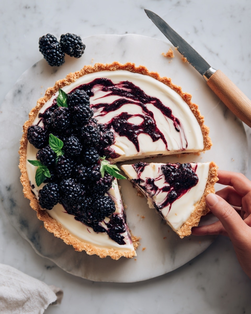 A white tart with a golden crumb crust filled with smooth white cream, swirled on top with dark purple and black berry sauce in a marble pattern. The tart is sliced, with two slices slightly pulled out, showing the creamy texture inside. Fresh blackberries and small green leaves decorate the tart near the edge. Near the tart, a woman’s hand holds a knife with a light wooden handle on a white marbled surface. Photo taken with an iphone --ar 4:5 --v 7