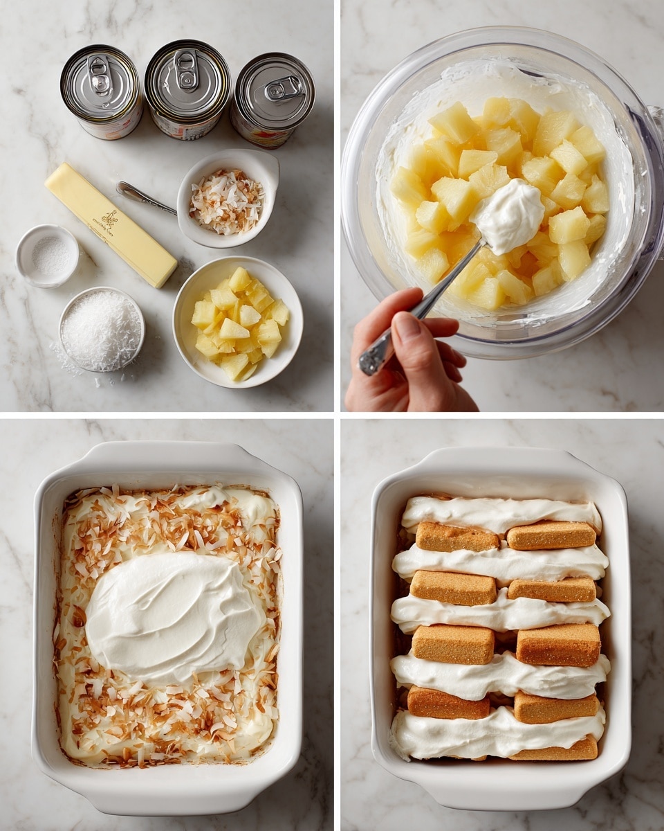 The image is divided into four parts showing a step-by-step dessert making process. The top left part shows ingredients on a white marbled surface: two cans of cream, a stick of butter, a container of coconut flakes, a small bowl of pineapple chunks, and a white bowl with a white powder next to a woman’s hand holding a small spoon. The top right part shows a blender filled with white cream and yellow pineapple pieces at the top. The bottom left part shows a white baking dish where a thick white cream mixture is being poured over a layer of light brown rectangular biscuits. The bottom right part shows the finished layered dessert with alternating layers of white cream and light brown biscuits, topped with toasted coconut flakes and pineapple chunks, a slice served on a white plate next to the dish. The background is a white marbled texture. Photo taken with an iphone --ar 4:5 --v 7