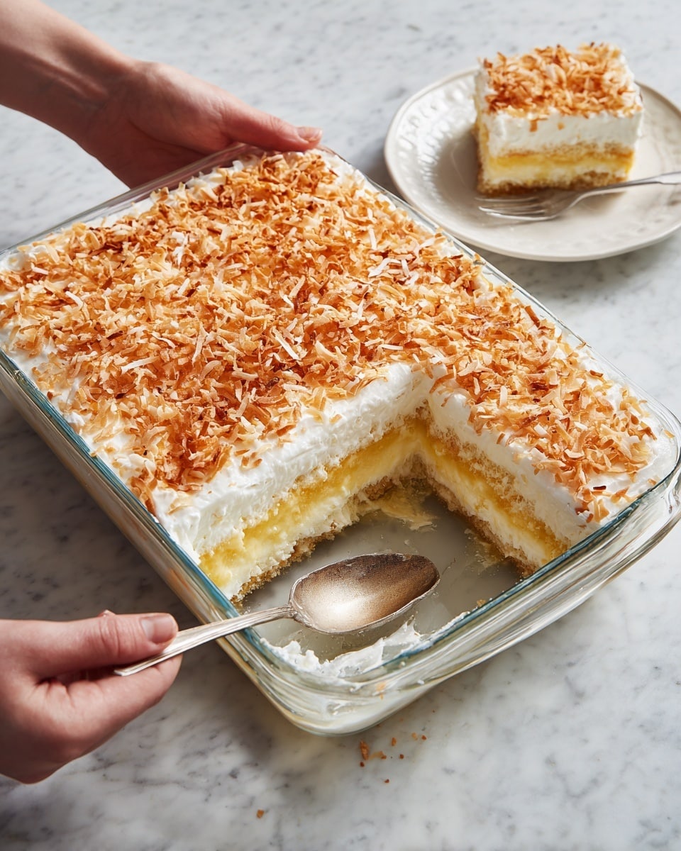 The image shows a clear glass rectangular dish filled with a layered dessert. The bottom layer is a light yellow cake or pudding, topped by a thick creamy white layer. The top layer is covered with finely grated toasted coconut, giving a light brown speckled texture. A portion of the dessert has been removed from one corner, revealing the layers clearly. The dish sits on a white marbled surface next to a white plate with a slice of the dessert and a silver fork. A woman's hand is holding the dish from one side. Photo taken with an iphone --ar 4:5 --v 7