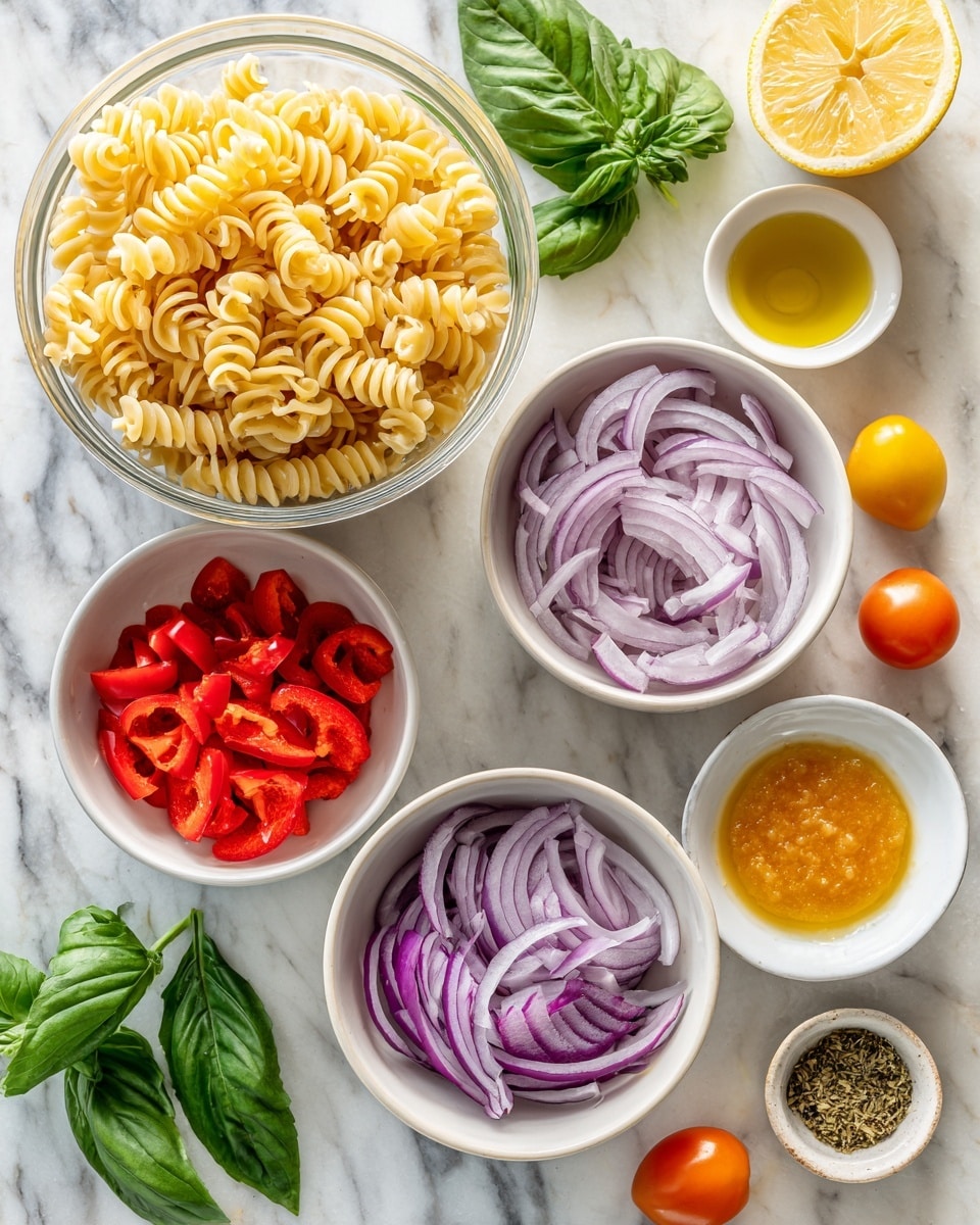 The image shows several white bowls and a clear container placed on a white marbled surface. The clear container holds spiral pasta with a light yellow color. Around it, a white bowl contains chopped red peppers with a bright, shiny texture. Another white bowl has thinly sliced purple onions arranged loosely. Fresh green basil leaves are placed beside the bowls. Small bowls with light yellow olive oil, dried herbs, light brown beans, and bright orange sauce are also visible. A lemon cut in half is placed near the top right, along with some small round orange tomatoes. All items are neatly arranged, showing different colors and textures clearly. Photo taken with an iphone --ar 4:5 --v 7