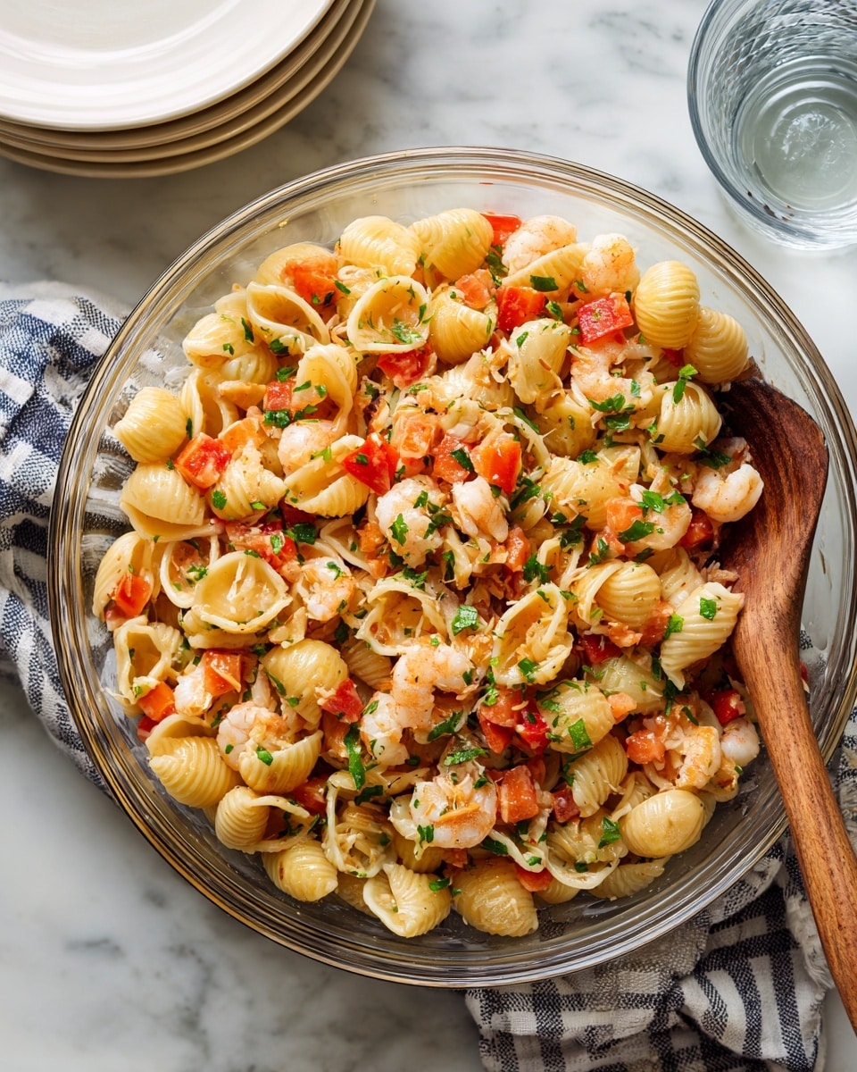 A clear glass bowl filled with shell pasta mixed with small shrimp, diced tomatoes, and chopped green herbs. The pasta is coated in a light sauce that gives a slight shine. A wooden spoon rests in the bowl on the right side, partially submerged in the pasta. The bowl sits on a white marbled surface with a checkered cloth underneath it. A glass of water and stacked white plates are visible in the background. Photo taken with an iphone --ar 4:5 --v 7