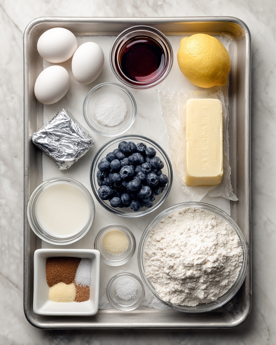 The image shows a metal baking tray placed on a white marbled surface, holding various ingredients. There are two white eggs in the top left corner. Next to them is a small glass bowl with a dark red liquid and another small glass bowl with coarse white salt. On the right side is a stick of unsalted yellow butter and a whole yellow lemon. Below the eggs, there is a silver-wrapped package, then a small glass bowl filled with fresh blueberries at the center. Below are two more glass bowls, one with white milk and the other smaller white bowl with a white powder, likely baking powder. On the bottom row, there is a small white square bowl with brown sugar and a larger glass bowl filled with white granulated sugar. On the right of the middle row is a large glass bowl filled with white flour. The tray and bowls are neatly arranged and the scene has a clean, bright look. photo taken with an iphone --ar 4:5 --v 7