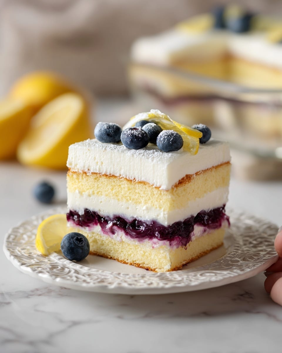 The image shows a square slice of layered cake on a white decorative plate, placed on a white marbled surface. The cake has four visible layers: the bottom layer is a light yellow sponge cake, followed by a thin layer of dark purple-blue berry filling, a thick white creamy layer above it, then another sponge cake layer, another berry filling layer, and topped with a smooth white cream layer. Fresh blueberries and a small lemon wedge are scattered on top and beside the slice. A woman's hand holds the plate from one side. In the background, the rest of the cake is visible in a glass dish. The lighting is bright and natural. Photo taken with an iphone --ar 4:5 --v 7