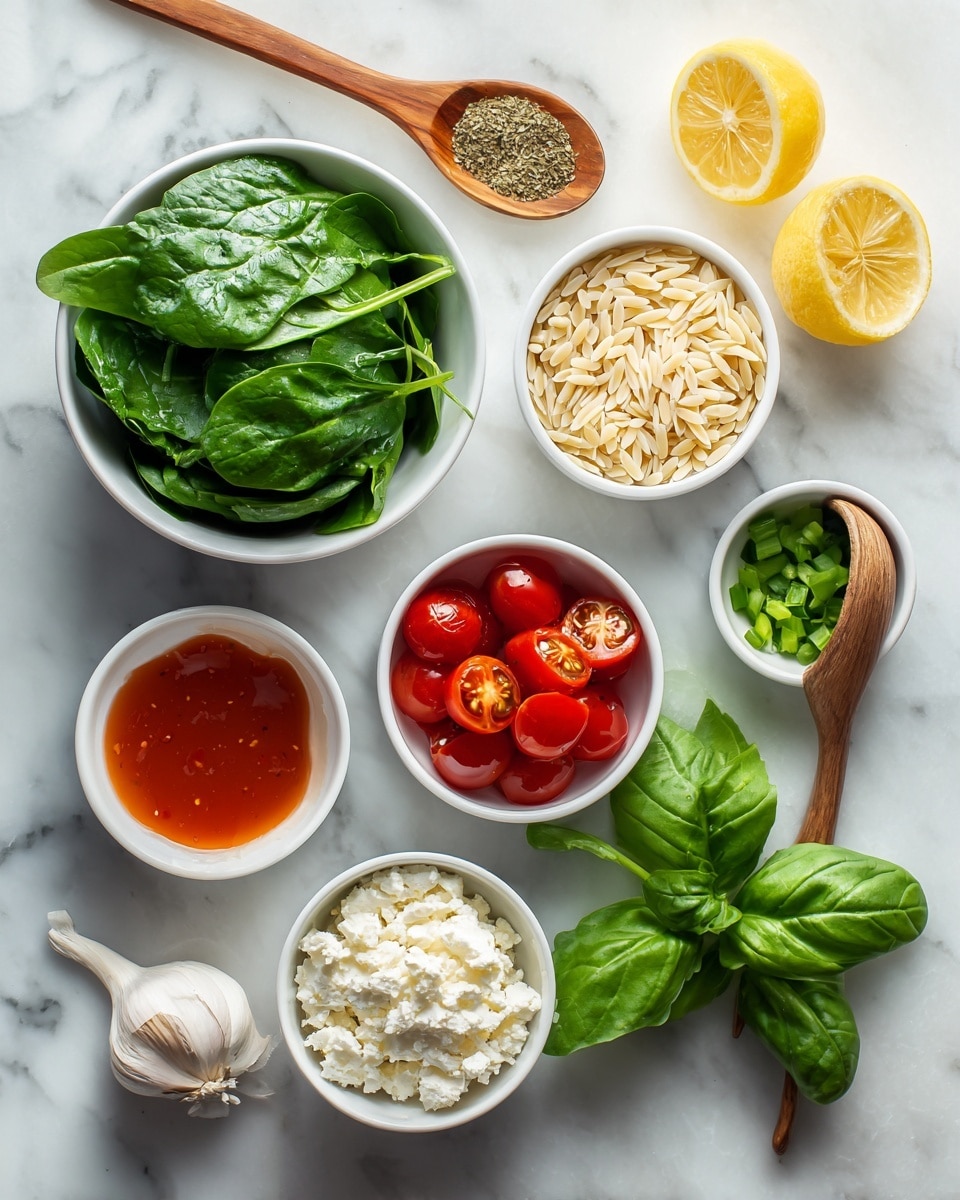 The image shows seven small white bowls arranged on a white marbled surface. One bowl contains fresh green spinach leaves, another is filled with small uncooked orzo pasta that has a light beige color. A third bowl holds bright red halved grape tomatoes with glossy skin. There's a bowl with white crumbly cheese, and another with chopped green onions. A small bowl contains a reddish-orange liquid that looks like sauce or oil. Near the bowls, there is a whole clove of garlic and two lemon halves placed side by side, showing the bright yellow and juicy inside. A cluster of fresh basil leaves is positioned to the right of the bowls. A wooden spoon rests in one bowl filled with dried herbs. The background and surface are a clean white marble, keeping the focus on the colorful ingredients. photo taken with an iphone --ar 4:5 --v 7