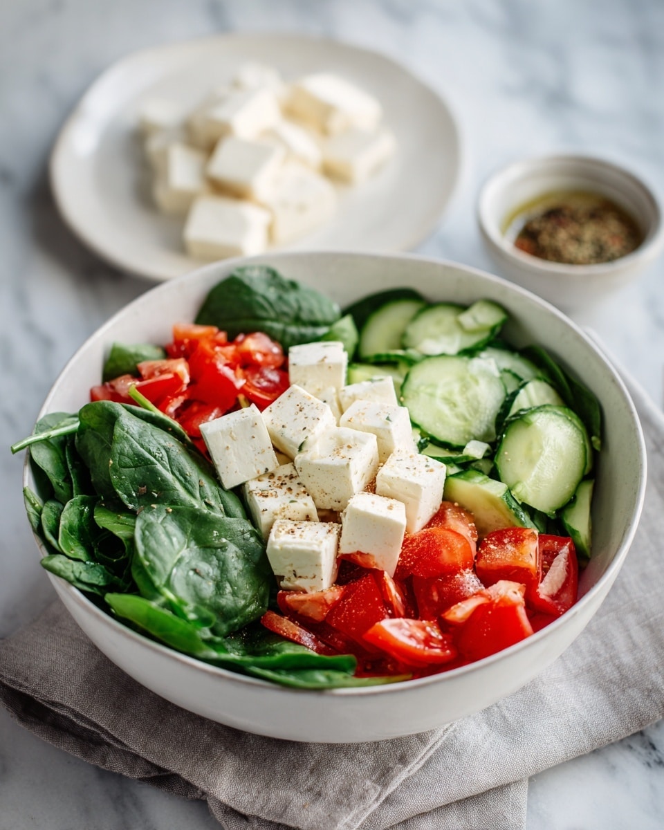 A white bowl filled with a fresh salad shows several layers: the bottom layer is vibrant green spinach leaves with a smooth, leafy texture; on top of the spinach are sliced cucumber pieces, light green with a slightly glossy and fresh look, arranged unevenly; over the cucumbers, bright red tomato chunks with a juicy, slightly shiny surface are scattered; the top layer features thick, white cheese cubes with a crumbly texture placed evenly across the salad. In the background, a white plate holds more chunks of the white cheese, and there is a small bowl with a season or spice next to it. The bowl is placed on a light grey cloth over a white marbled surface. photo taken with an iphone --ar 4:5 --v 7