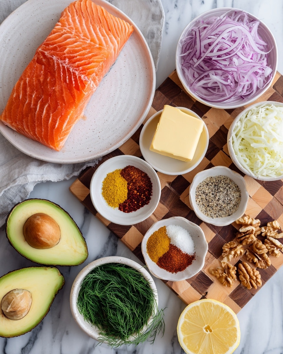 The image shows a large piece of orange salmon fillet with bright white lines placed on a white round plate at the top left. Around it are small white bowls containing a block of yellow butter, a mix of brown and white spices, finely shredded light purple onion rings, white crumbly cheese, and a colorful mix of spices including red, yellow, and black powders, all arranged neatly on a wooden board with a checkered pattern. To the bottom left are two halves of a green avocado, one with the brown seed still inside and a small lemon wedge beside them. A small round white bowl holds fresh green dill and light brown walnut pieces. A lemon half with visible juicy pulp sits at the right side. The whole scene is set on a white marbled surface. Photo taken with an iphone --ar 4:5 --v 7