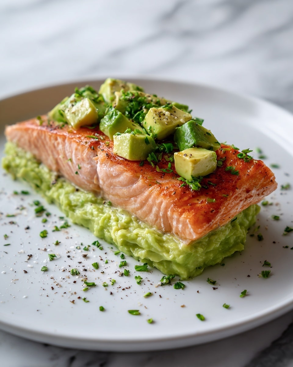 A white plate shows a cooked piece of salmon with a golden-brown top layer. The salmon sits on a thick layer of light green mashed avocado. On top of the salmon, small pieces of diced avocado and chopped herbs are spread. Some black pepper is sprinkled on the salmon and the avocado layer. The setting surface has a white marbled texture. Photo taken with an iphone --ar 4:5 --v 7