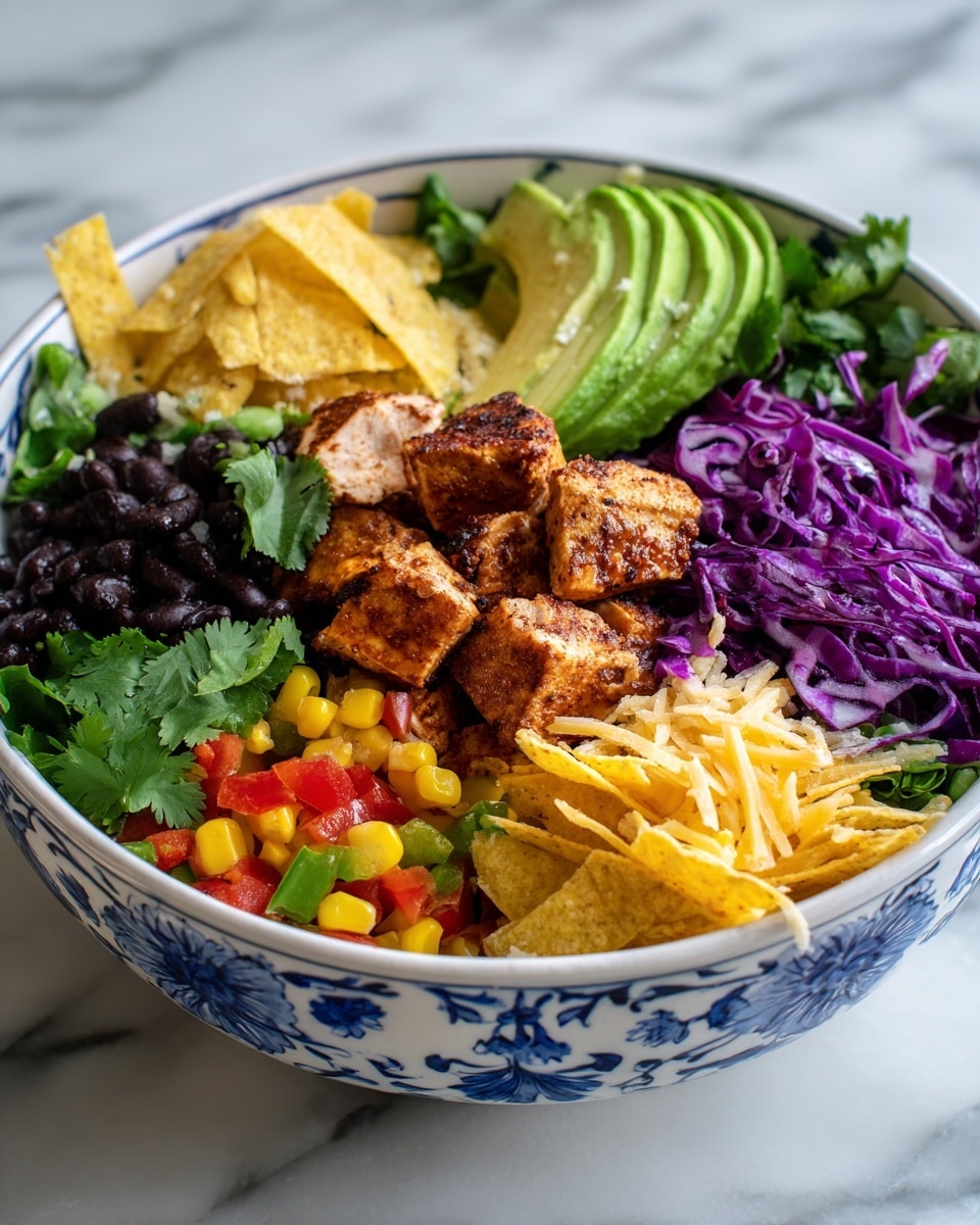 A colorful salad served in a white bowl with blue floral patterns, showing many layers. The bottom layer is a mix of black beans, sweet corn, and chopped red bell peppers, adding dots of black, yellow, and red colors. On top are chunks of grilled chicken with a slightly dark brown, crispy texture. Shredded purple cabbage adds bright purple strands scattered evenly across the bowl. Fresh green cilantro leaves are spread around for a fresh touch. Two thick slices of light green avocado sit neatly on one side. Crushed yellow tortilla chips are sprinkled all over for crunch. White cheese crumbs are scattered on top, adding small bright spots. Everything is on a white marbled surface. The photo taken with an iphone --ar 4:5 --v 7