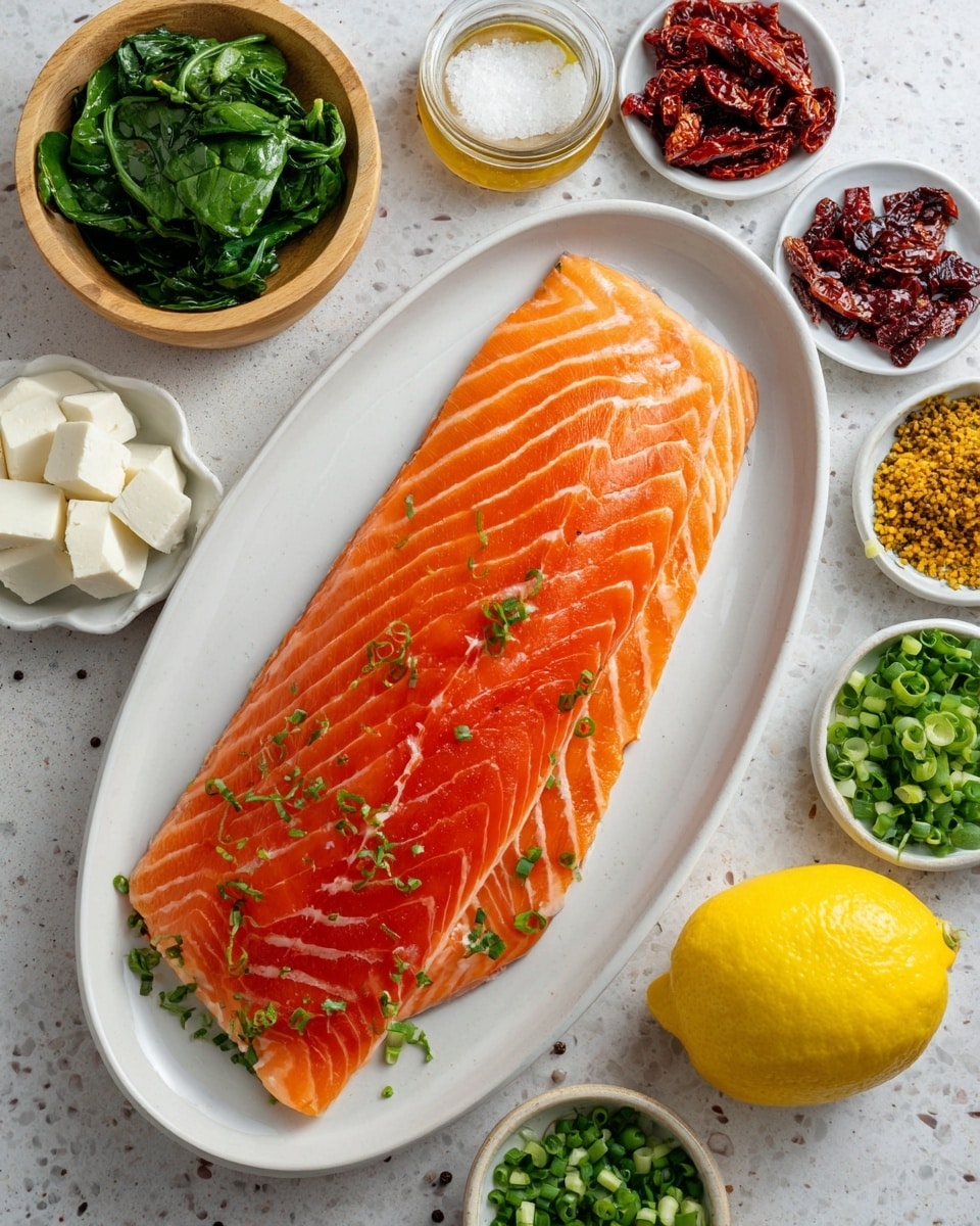 A large, raw salmon fillet with bright orange and white stripes is placed on a white oval plate in the center. Around the plate, there are small bowls with fresh green spinach leaves, chopped green onions, sun-dried tomatoes in red, white cream sauce, green peas, and various spices including salt, black pepper, and dried herbs. A small block of white tofu is on a light wooden bowl near the top left. A whole yellow lemon is placed near the bottom right, all set on a white marbled textured surface. photo taken with an iphone --ar 4:5 --v 7
