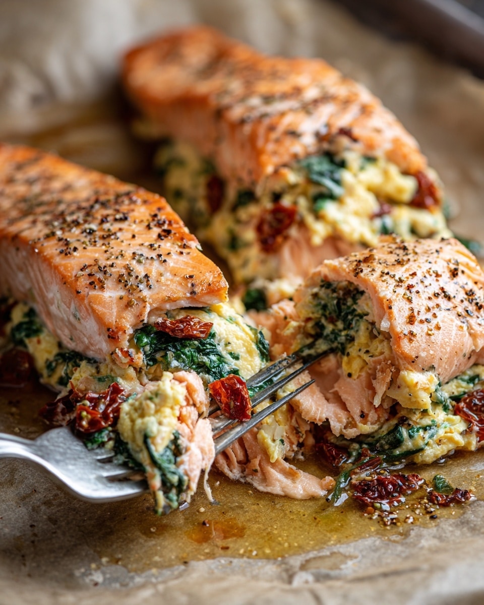The image shows baked salmon fillets stuffed with a mixture of creamy scrambled eggs, cooked spinach, and small pieces of sun-dried tomatoes. Each fillet is a soft orange-pink with a slightly crisped surface sprinkled with black pepper. The filling is vibrant with bright green spinach and yellow scrambled eggs mixed with the reddish sun-dried tomatoes, visible inside the open salmon pockets. Some pieces of the stuffed salmon are separated, revealing layers of tender fish and filling. The dish is placed on brown parchment paper with some cooking oil and juices pooling around. A fork touches one fillet, gently pulling back the salmon to show the inside. photo taken with an iphone --ar 4:5 --v 7