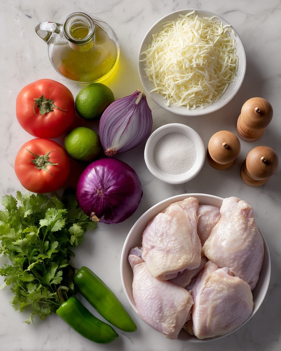 The image shows several raw chicken pieces placed in a white bowl at the bottom right of the frame. Above the bowl, there is a small white bowl filled with shredded white cheese. Next to the cheese bowl on the right side, there is a small white bowl with a white powder, a pair of wooden salt and pepper shakers, and a clear glass bottle with a cork containing oil. On the left side of the frame, there is a bunch of fresh green cilantro at the bottom, a lime, several red tomatoes, two green peppers, and a purple onion arranged in a loose group on a white marbled textured surface. The colors contrast clearly, with fresh vegetables bright and vibrant, and the chicken smooth and pale. Photo taken with an iphone --ar 4:5 --v 7