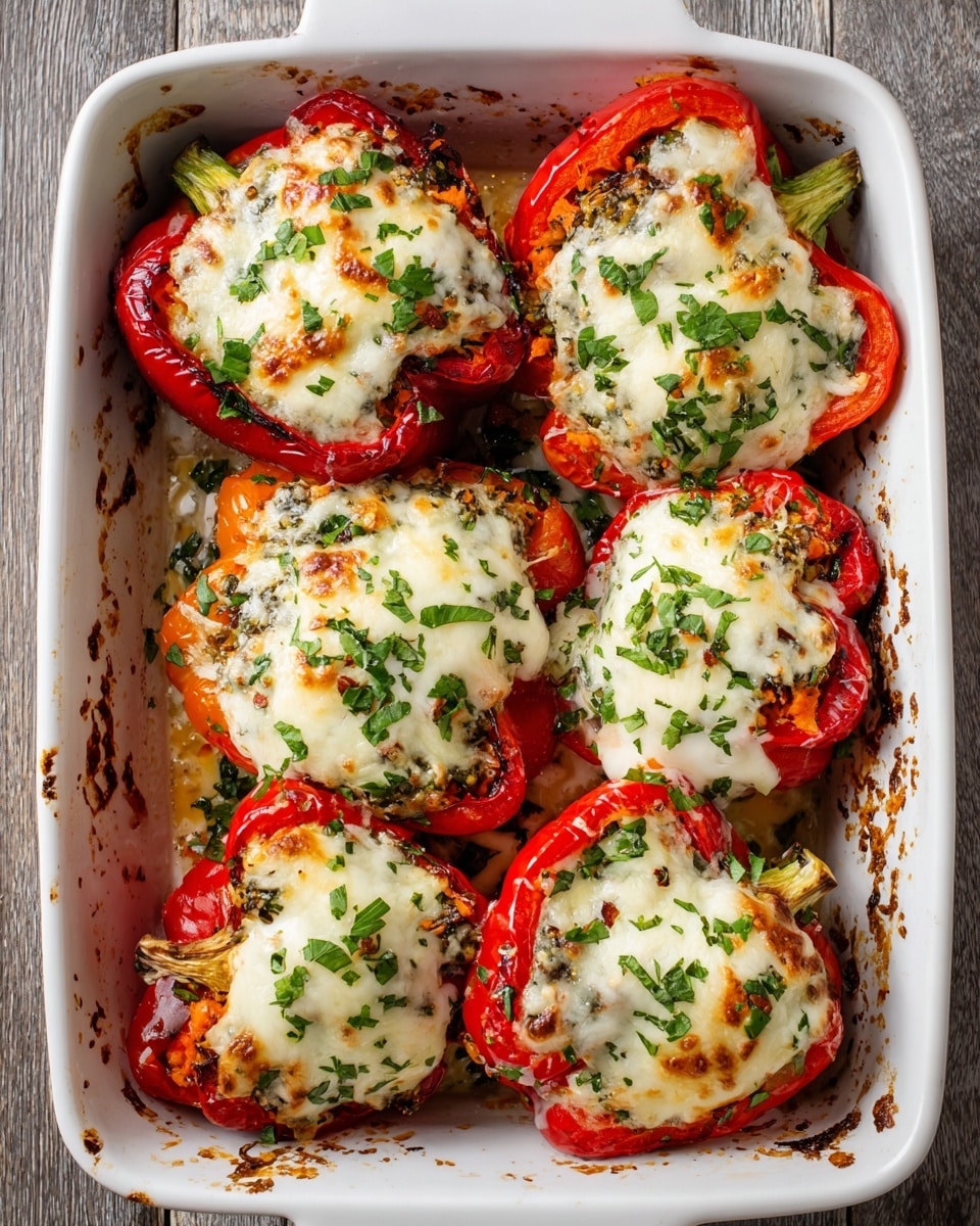 A white rectangular baking dish holds six pieces of stuffed red bell peppers, each topped with melted, slightly browned white cheese sprinkled with chopped green herbs. The peppers are cut in half and filled with a mixture visible beneath the cheese that includes finely chopped vegetables and herbs, showing hints of red, green, and orange colors. The edges of the dish have some browned baked spots, and the white baking dish rests on a wooden-textured surface. The cheese has a smooth, bubbly texture that covers each pepper half fully. photo taken with an iphone --ar 4:5 --v 7