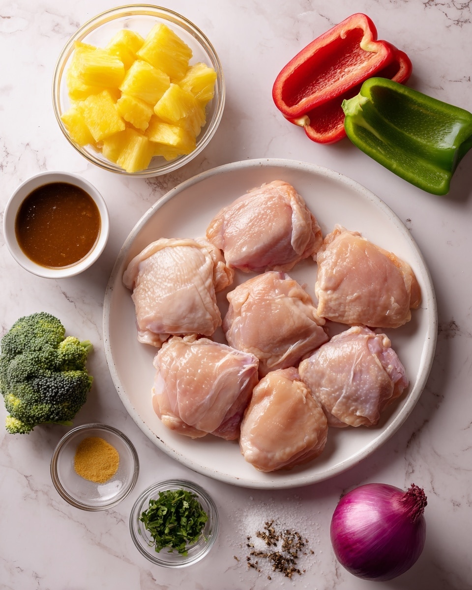 The image shows a round white plate in the center with six pieces of raw chicken thighs, pale pink with smooth texture, laid flat. Around the plate are bowls and vegetables arranged on a white marbled surface. At the top left is a clear glass bowl filled with bright yellow pineapple chunks. Below it to the left is a small white bowl holding dark brown sauce with a smooth, glossy look. Next to it, broccoli florets with a rich green color and bumpy texture are placed on the surface. On the right side near the center is a red bell pepper and a green bell pepper, both smooth and shiny. A small white bowl of brown sauce sits on the far right top. In the middle right, there is a small clear bowl of chopped green herbs. On the bottom right, a small pile of salt, black pepper, and a light yellow paste are arranged on the marble. A single red onion with a purple color and papery outer layer is placed near the bottom right. All ingredients are spaced neatly, and the image feels clean and fresh, photo taken with an iphone --ar 4:5 --v 7