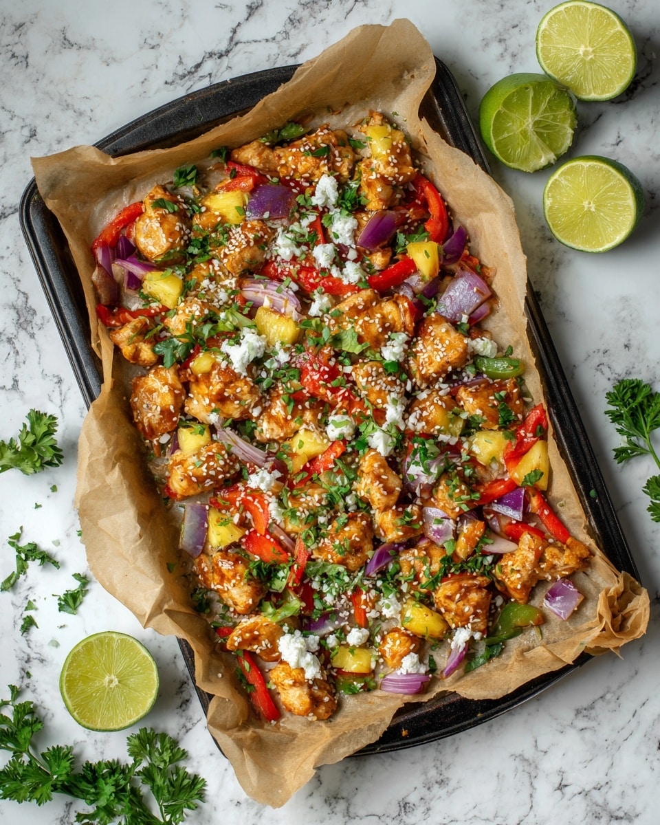 A baking tray lined with brown parchment paper holds a colorful mix of food pieces. The base layer is made of golden brown small chicken pieces cooked with a slight char. Mixed throughout are red and green bell pepper chunks and chopped onions, adding red, green, and light purple colors. Scattered yellow pineapple pieces and white sesame seeds add brightness and texture on top. Fresh green parsley leaves are placed randomly for a fresh look. The tray rests on a white marbled surface with lime halves nearby. photo taken with an iphone --ar 4:5 --v 7