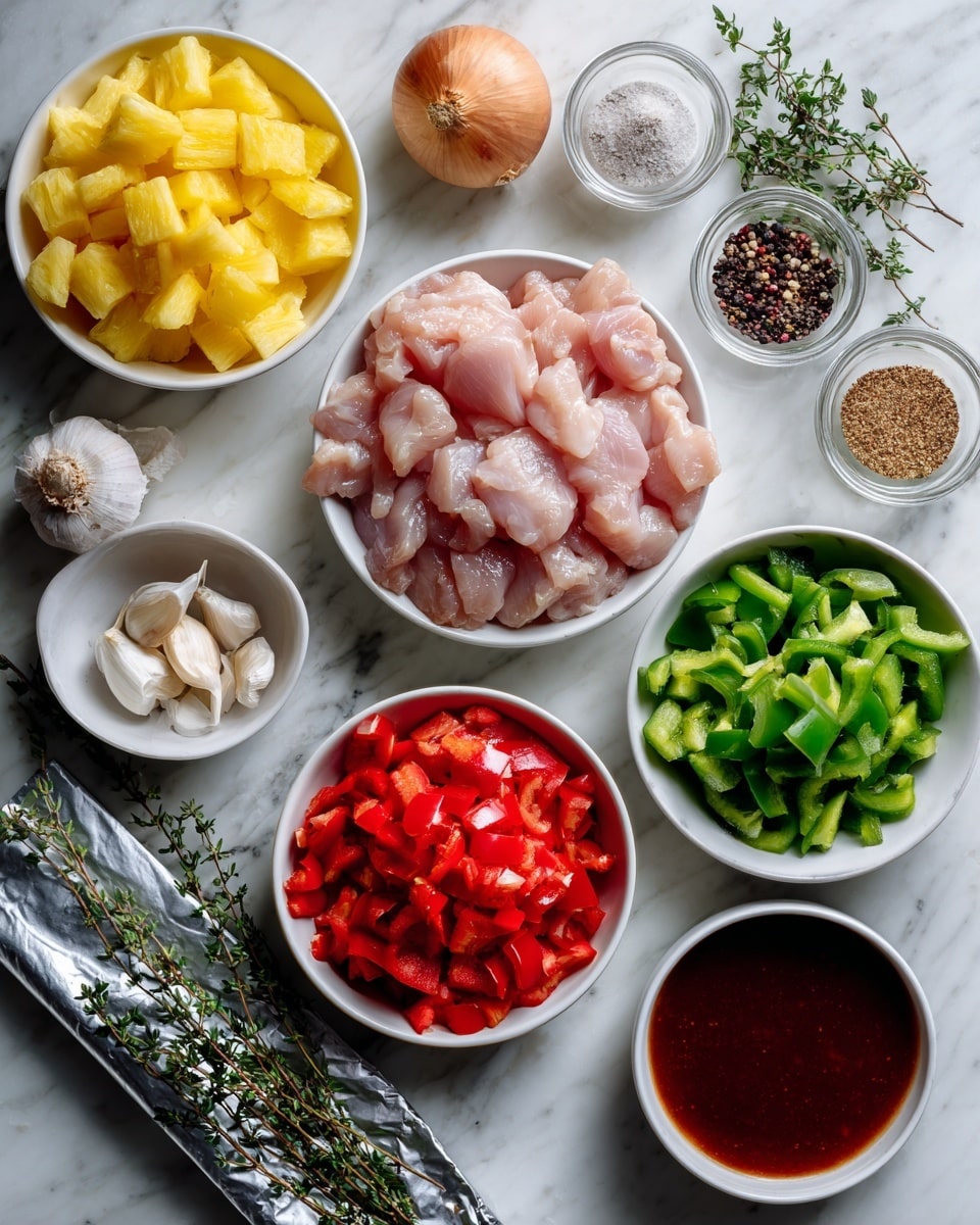 The image shows several white bowls arranged on a white marbled surface, each filled with different fresh ingredients. One bowl is filled with raw pale pink chicken pieces, placed near the center. To its left, there is a bowl with bright yellow pineapple chunks. Below the chicken bowl is another bowl containing vibrant red chopped bell peppers. At the top right, a bowl of chopped green bell peppers adds a fresh green color. Surrounding these are small containers and loose items: a whole light brown onion, a bulb of garlic, a small bowl of dark red spice powder, a jar filled with black pepper, a small container of salt, a small bowl holding fresh green thyme sprigs, and a white bowl at the bottom right filled with a rich dark reddish-brown sauce. A roll of aluminum foil lies diagonally across the bottom left corner. The photo is taken with an iphone --ar 4:5 --v 7