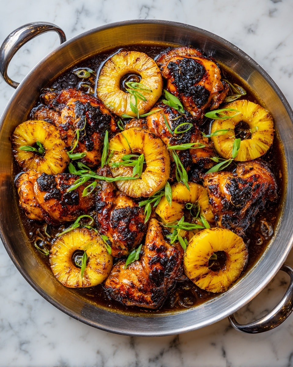 A metal pan filled with several cooked golden brown chicken pieces, each with a crispy and slightly charred texture. Interspersed among the chicken are multiple rings of bright yellow pineapple, some with grill marks, adding a juicy, glossy look. Small, fresh green onion slices are sprinkled on top, adding a pop of green color. The sauce is dark brown and thick, nestled at the bottom of the pan, slightly coating the chicken and pineapples. The whole dish sits on a surface with white marbled texture. photo taken with an iphone --ar 4:5 --v 7