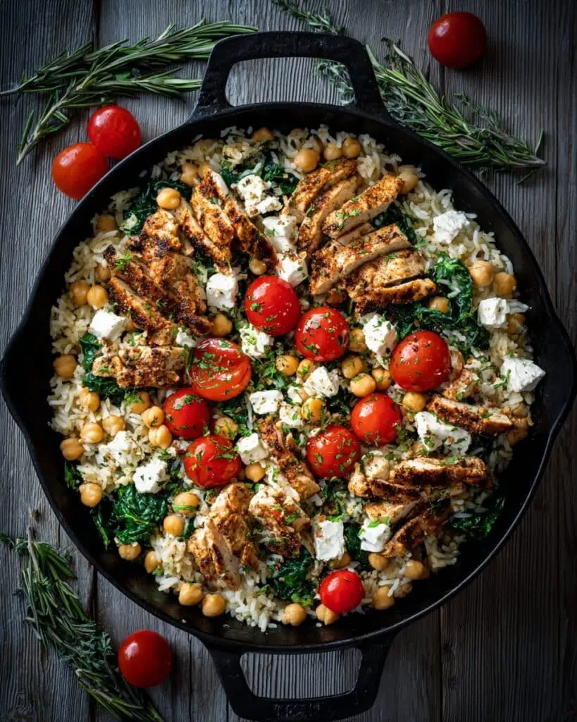 Greek Chicken with Lemon Rice and Roasted Tomatoes Recipe