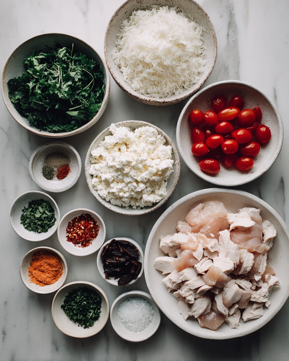 The image shows a white marbled surface with several white bowls and plates arranged neatly, each containing different ingredients for a recipe. There is a bowl with raw sliced light pink chicken pieces on the right, a bowl of cooked white rice in the center, and a plate of white crumbled cheese on the left. Above the cheese is a bowl of fresh green leafy herbs, and next to it on the left is a bowl of small red cherry tomatoes. Small white bowls hold various spices and chopped herbs in shades of green, orange, white, and dark red, and one bowl contains dark brown dried items. The overall look is clean and organized with fresh ingredients waiting to be cooked. Photo taken with an iphone --ar 4:5 --v 7
