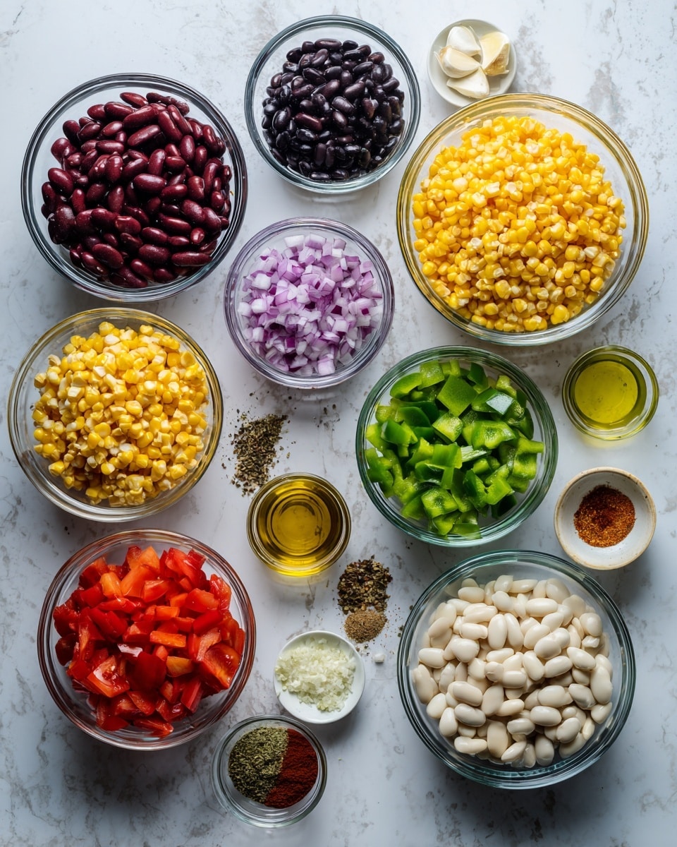 The image shows a top view of many small clear glass bowls arranged neatly on a white marbled surface, each holding different ingredients. From left to right, there are deep red kidney beans in a bowl at the bottom left, black beans above them, yellow corn kernels in a large bowl near the top center, and diced purple-red onions in the middle. On the right side, green chopped bell peppers are in a bowl at the top, bright red diced bell peppers are below them, and white beans in a bowl near the bottom right. Smaller bowls contain various spices, olive oil, vinegar, and minced garlic scattered around the main bowls. The colors contrast well with the white marbled background — photo taken with an iphone --ar 4:5 --v 7