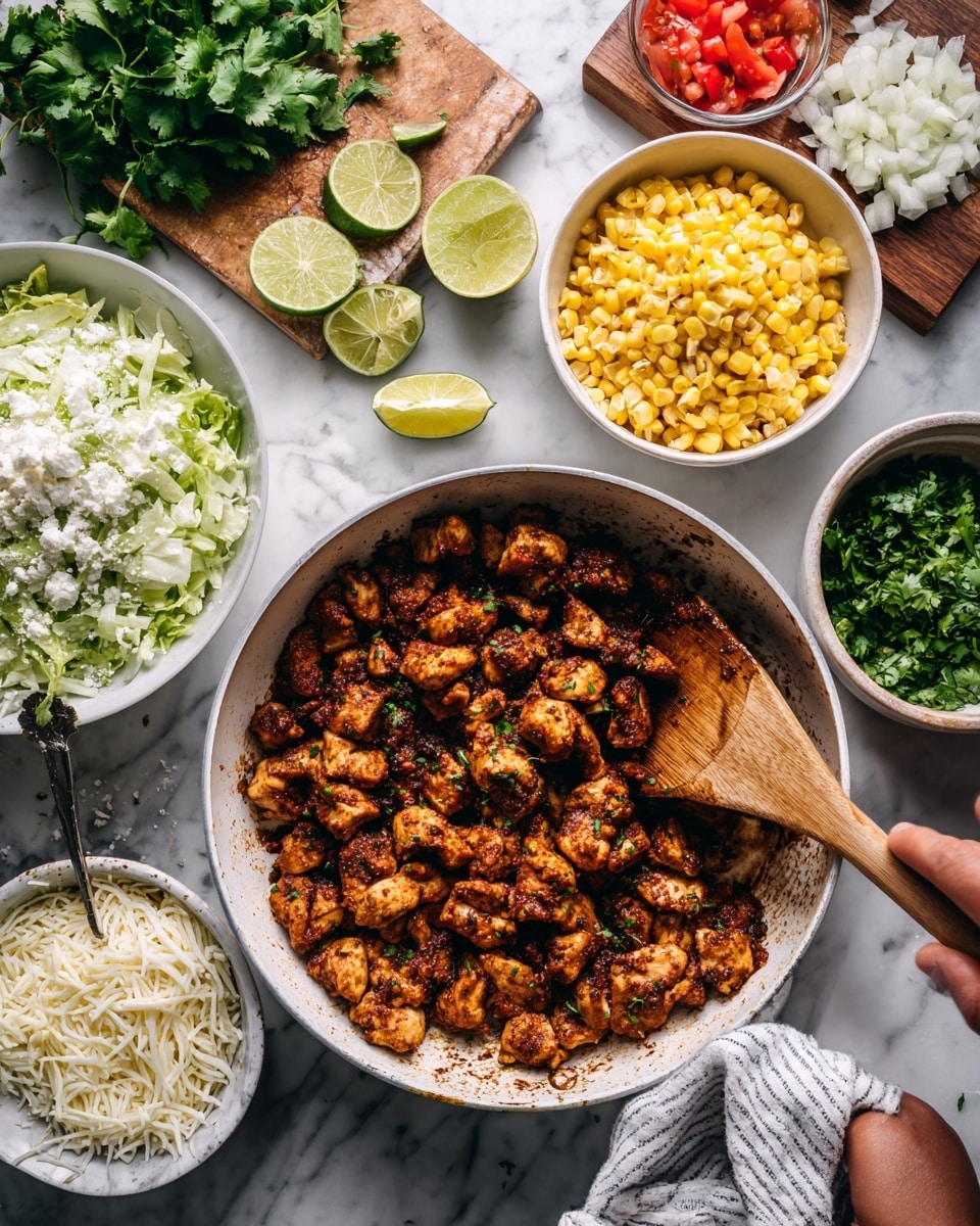 The image shows a white pan filled with small pieces of browned, seasoned chicken being stirred with a wooden spoon. Around the pan, there are bowls with different ingredients: a white bowl with white rice mixed with small green herbs and two lime wedges on top, a bowl of creamy yellow corn, a bowl with fresh green chopped lettuce, a small bowl with red diced tomatoes and onions, and a bowl of white shredded cheese. To the upper left of the pan, on a small wooden cutting board, there is a bunch of fresh cilantro and a half-cut lemon. A woman's hand holding a small cloth is partly visible at the bottom right corner. Everything is placed on a white marbled surface, and a gray-striped kitchen towel is near the edge. photo taken with an iphone --ar 4:5 --v 7