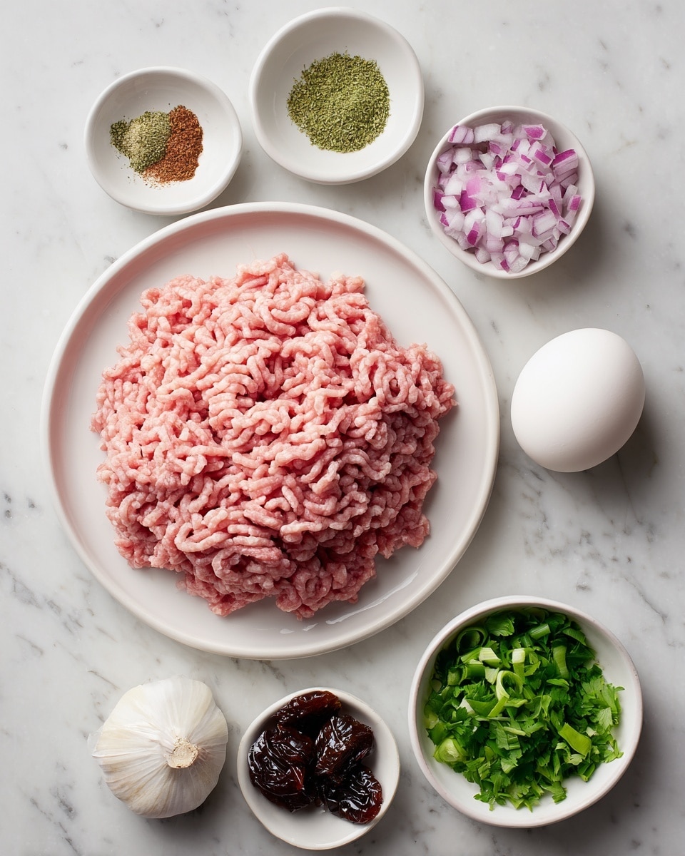 The image shows a white round plate with a large pile of light pink ground meat on the left side. Surrounding the plate are five small white round bowls arranged in a loose circle. The top bowl contains green and brown dry spices, the right bowl is filled with finely chopped red onions, the bottom bowl holds chopped fresh green leaves, and the bottom-left bowl has dark brown dried fruits or vegetables. In the center of the bowls lies one whole white egg and a bulb of garlic. All items are set on a white marbled surface. photo taken with an iphone --ar 4:5 --v 7