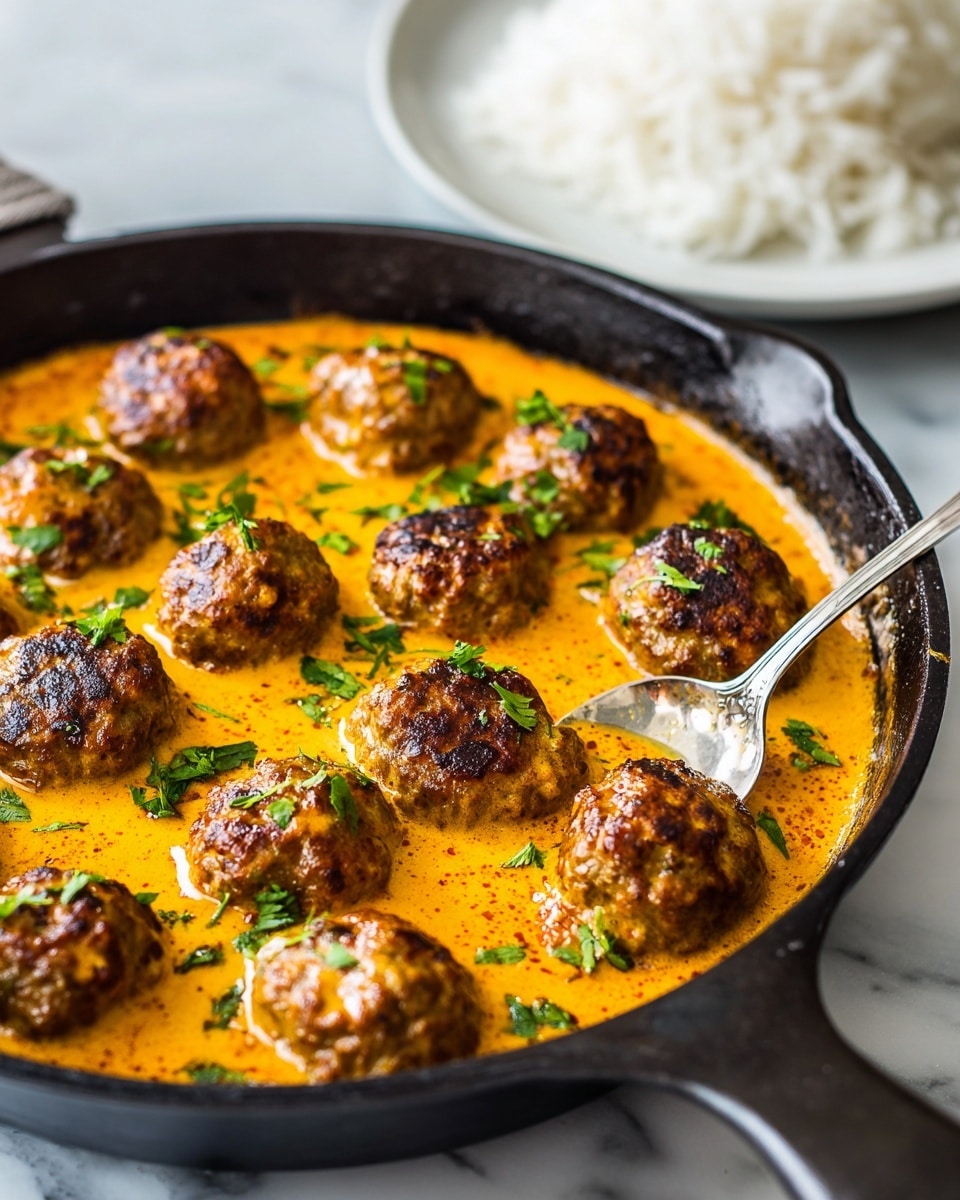 A black cast iron pan is filled with about twenty round meatballs covered in a bright orange creamy sauce with a smooth, slightly thick texture. The meatballs are evenly spaced and topped with small green herb leaves scattered over the sauce. A silver spoon is partially submerged, resting on the right side inside the pan. In the blurred background, there is a white plate of plain white rice. The whole scene sits on a white marbled surface. photo taken with an iphone --ar 4:5 --v 7