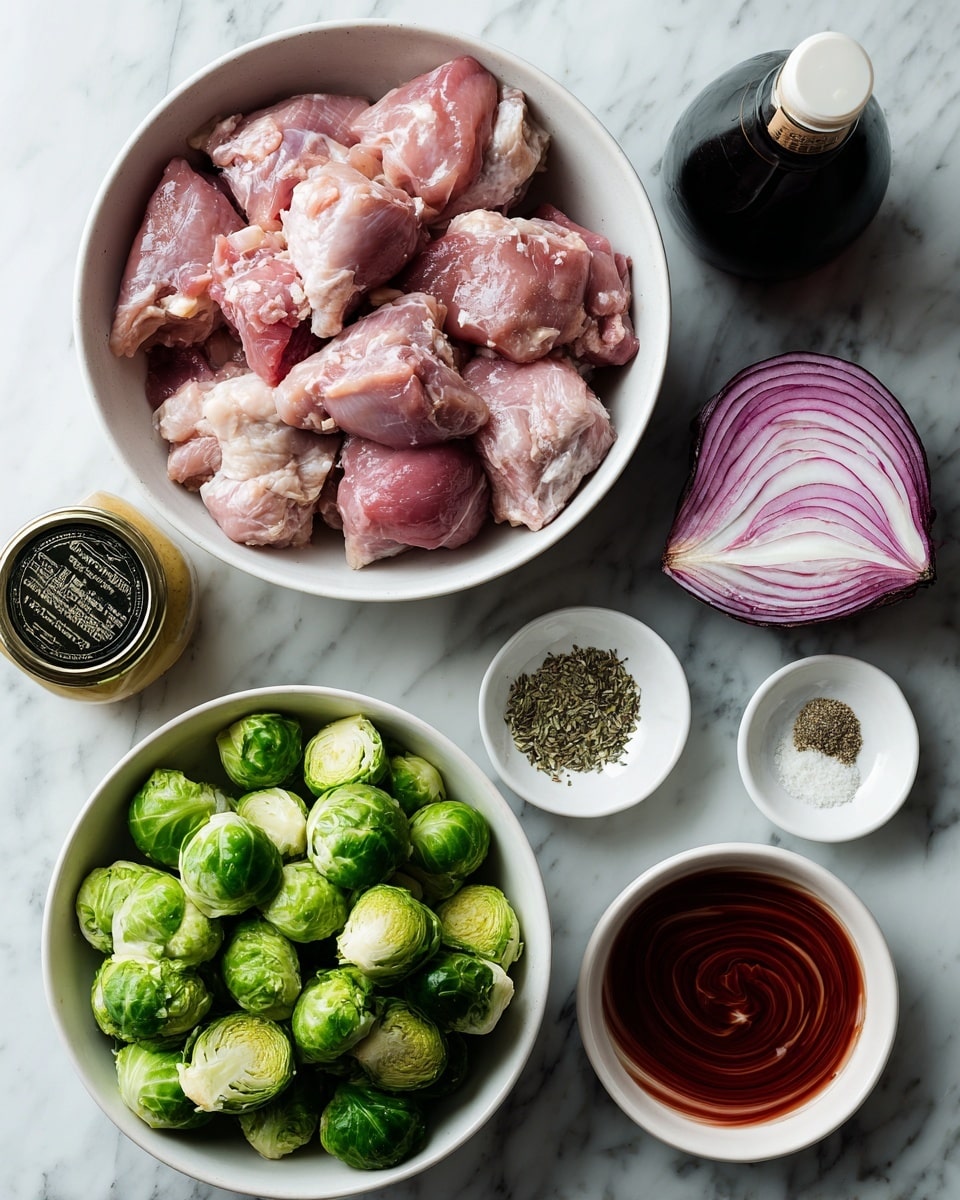 A top view shows raw pink chicken pieces placed in a white bowl in the center. Above is a white bowl holding quartered red onion with white and deep purple layers. To the right of the onions is a dark glass bottle of balsamic vinegar with a white cap. Below the chicken bowl is a white bowl filled with bright green Brussels sprouts, halved to show their layered texture. Near the chicken bowl are small white dishes holding various seasonings: one with a mix of salt and pepper, another with dried herbs, and a third with finely chopped garlic. At the bottom left corner is a glass jar of Dijon mustard with a black and gold lid. To the bottom right is a swirl of reddish-brown liquid, likely a sauce, set on a white marbled surface. A woman's hand is not shown but the items suggest preparation. photo taken with an iphone --ar 4:5 --v 7